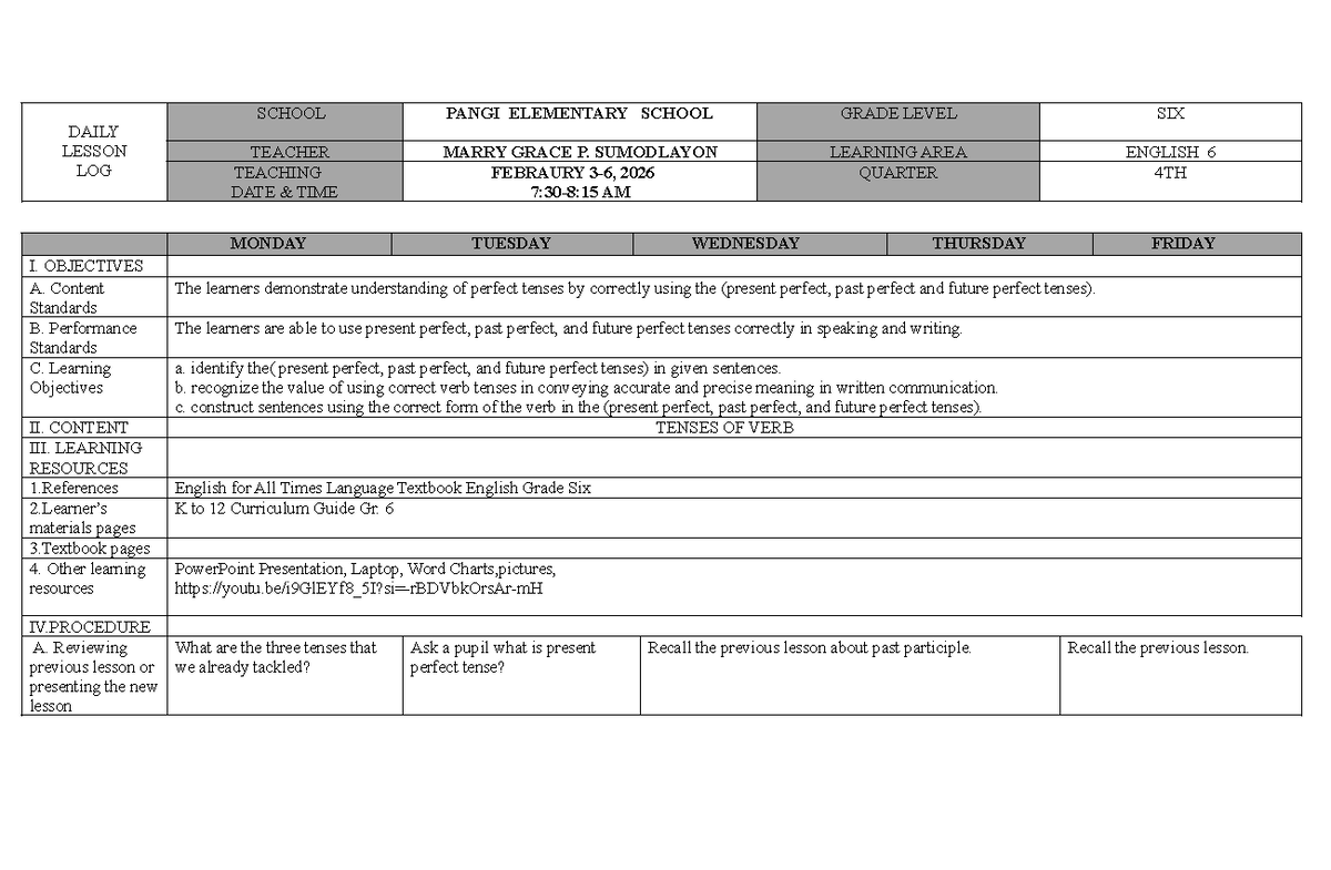 DLL English 6 - Daily Lesson Log on Perfect Tenses - Studocu