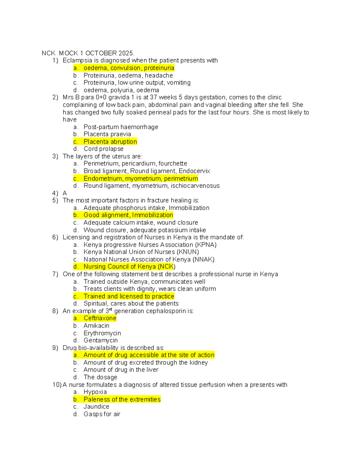 NCK MOCK 1 SEPTEMBER 2024 - Nursing Exam Questions and Answers - Studocu