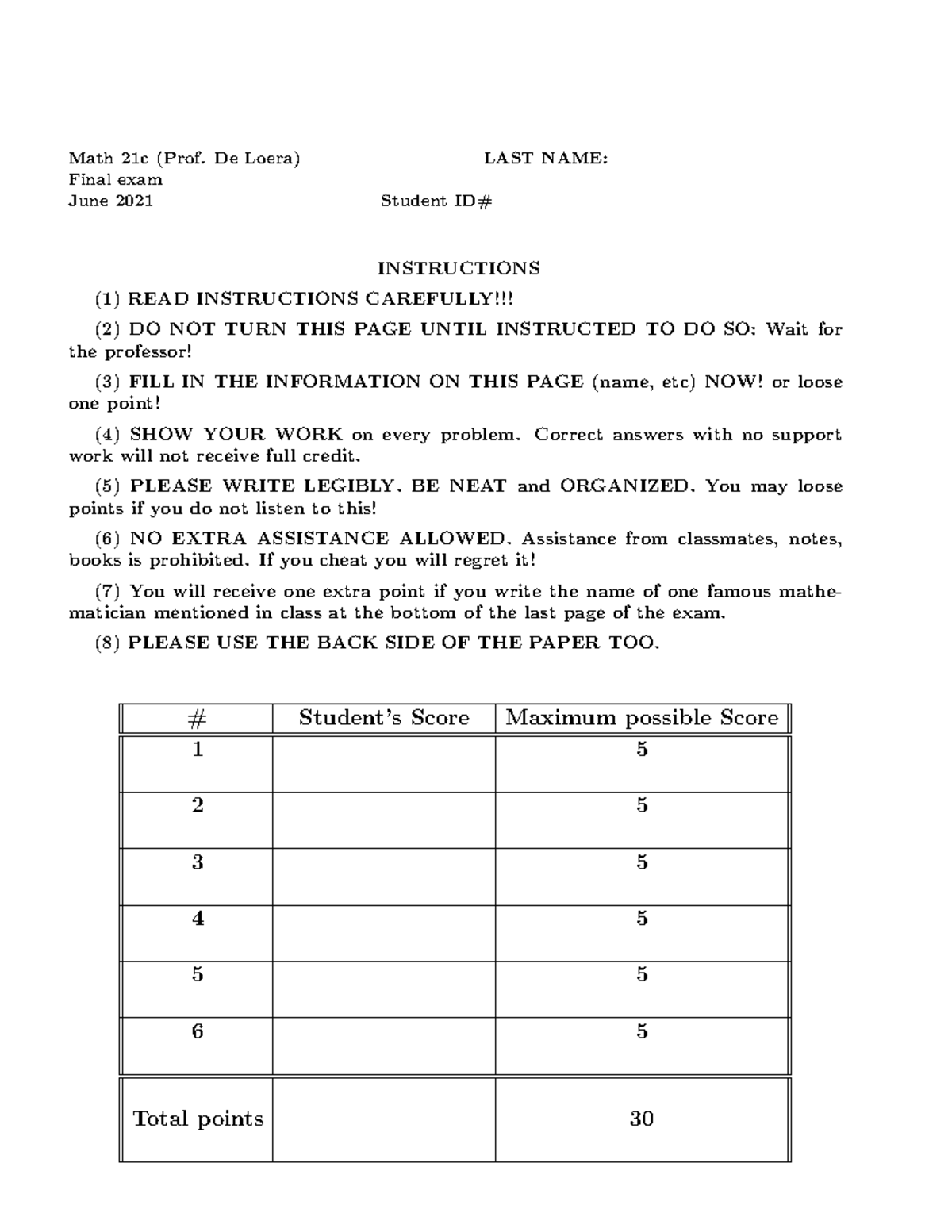 Math 21c Final Exam Study Guide - June 2021 (Prof. De Loera) - Studocu