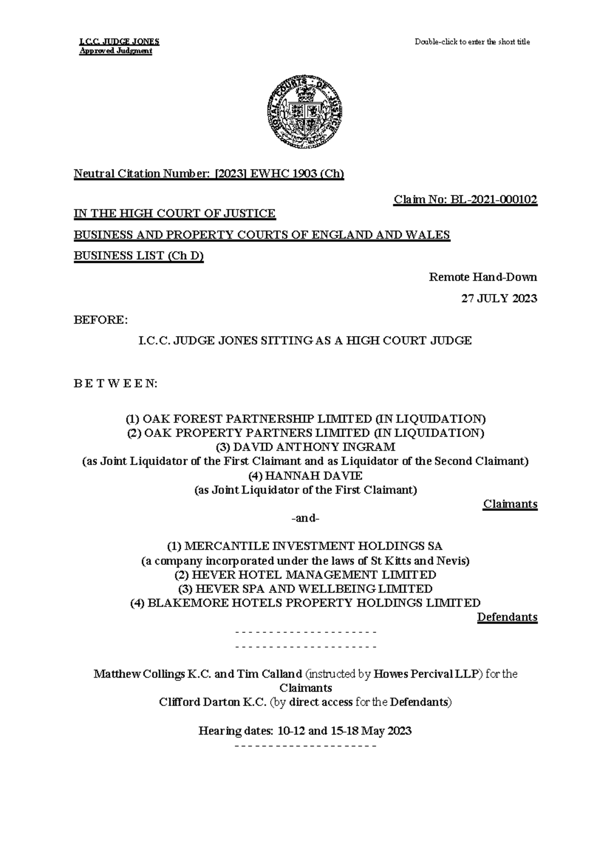 **EWHC 1903 (Ch): Judgment on Oak Forest Partnership Ltd Liquidation ...
