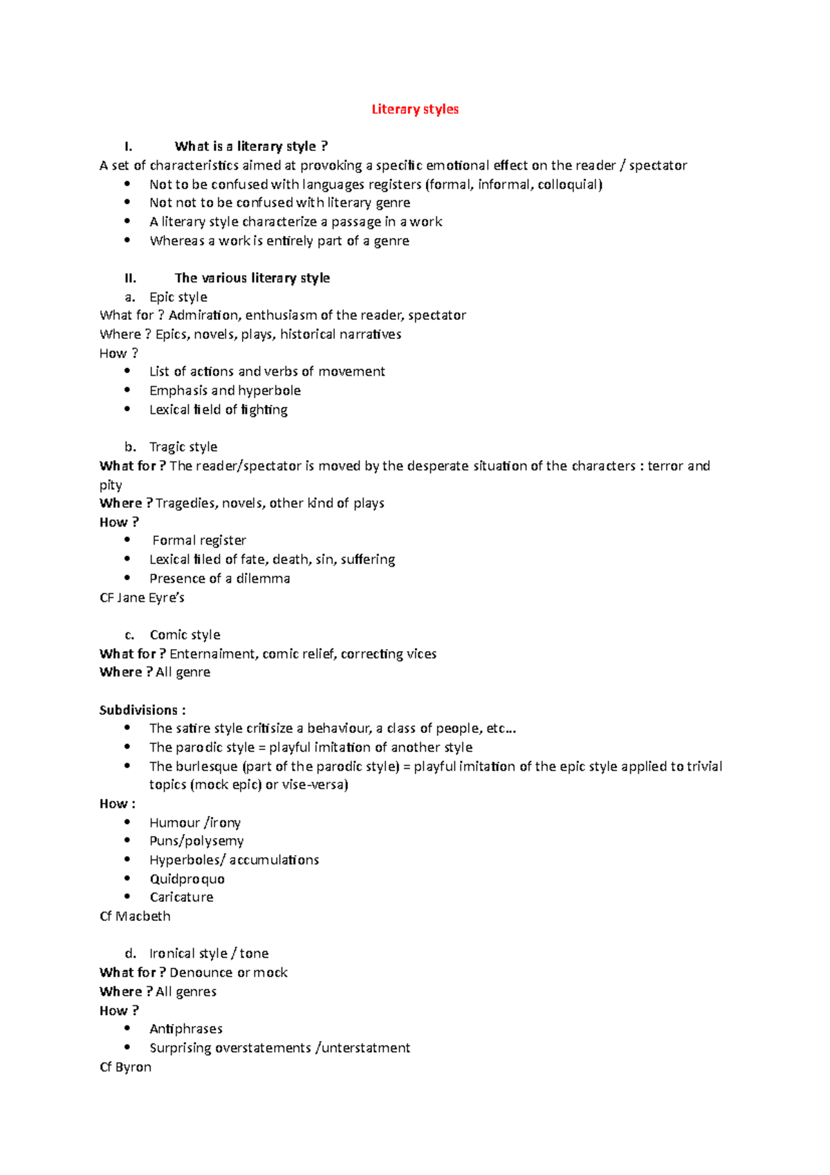 10. literary Styles - Notes de cours 10 - Literary styles I. What is a ...