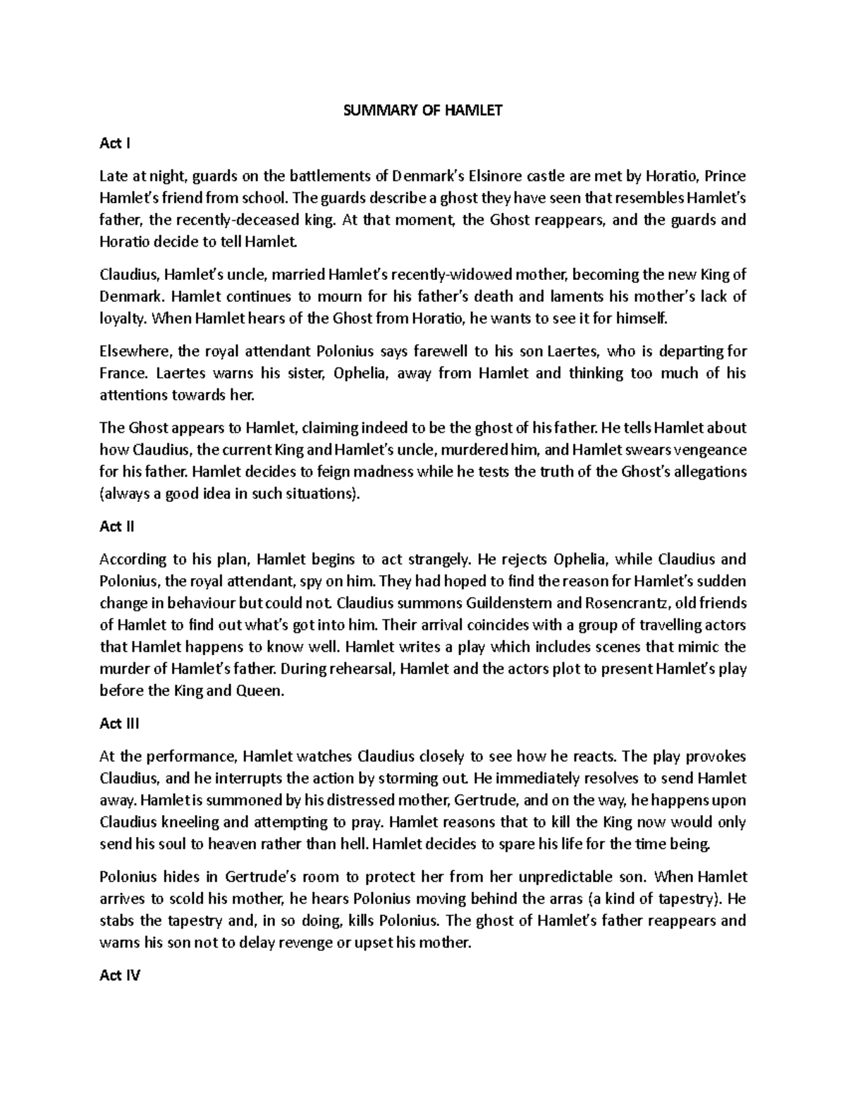 SUMMARY OF HAMLET (ENG 101) - Act I to Act IV Analysis - Studocu