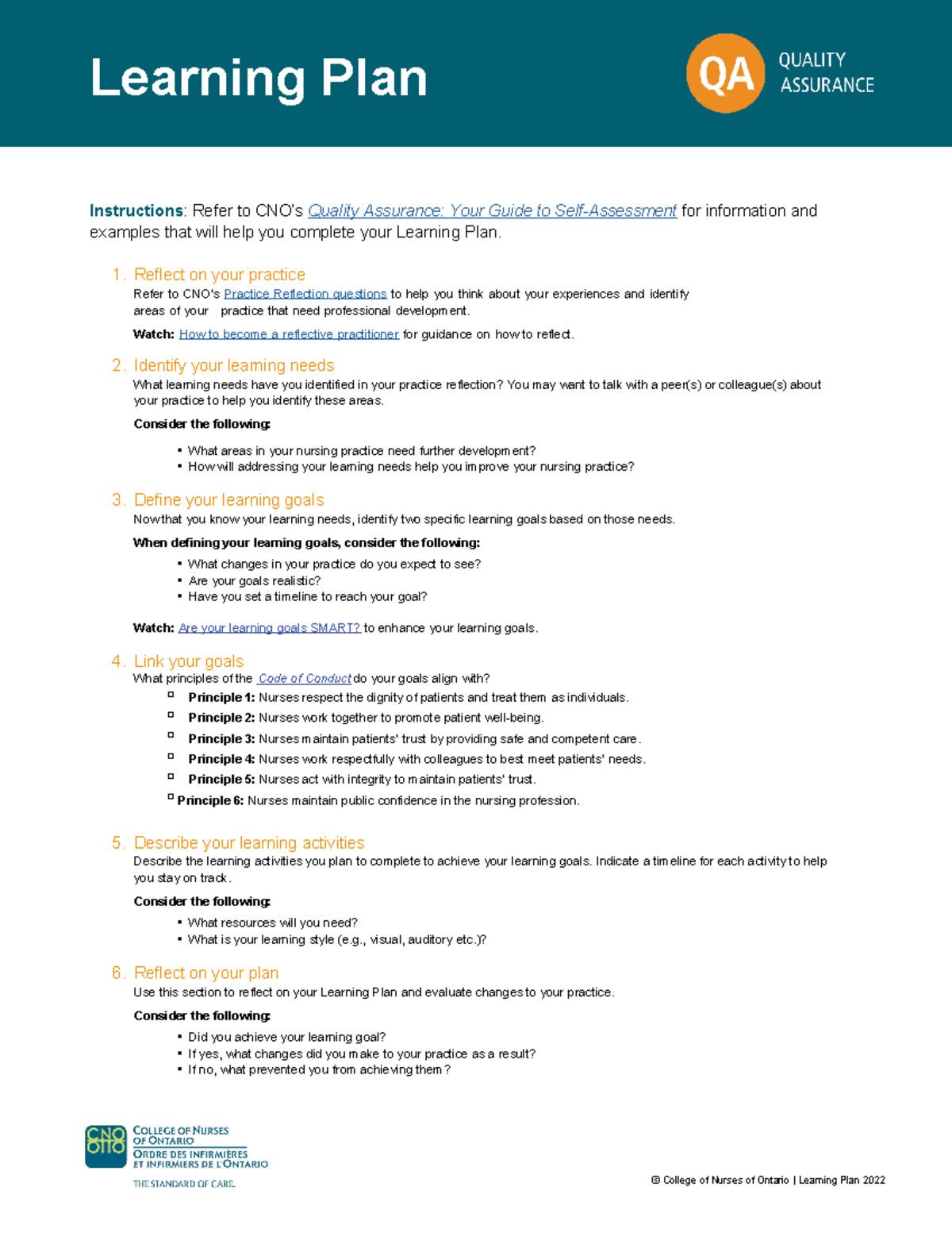 CNO QA Learning Plan: Self-Assessment Goals & Activities Guide - Studocu