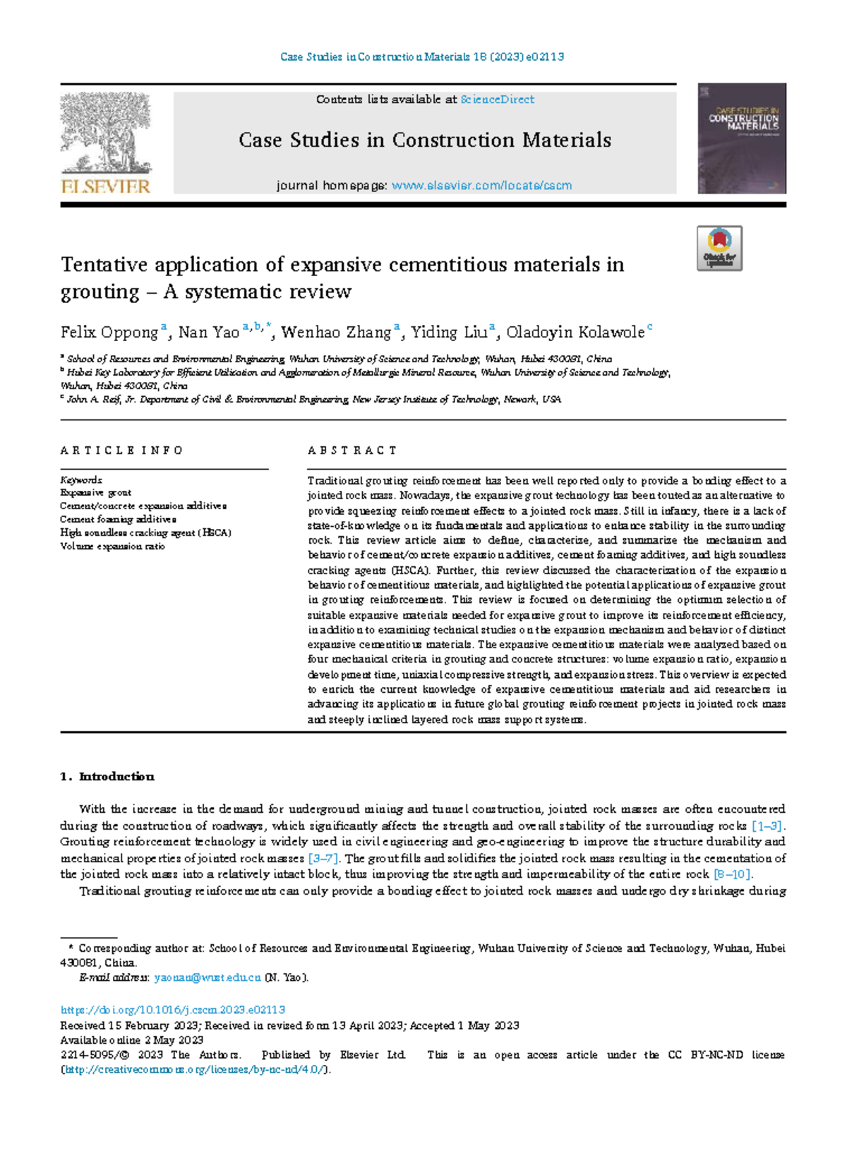 Tentative Application of Expansive Cementitious Materials in Grouting ...