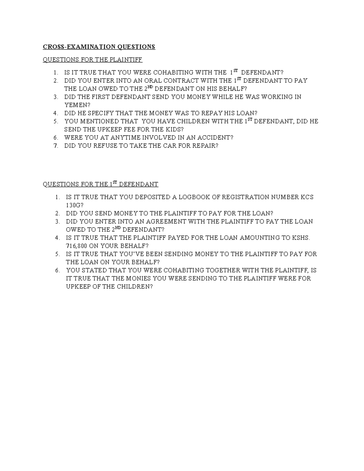 Cross Examination Questions for Plaintiff and 1st Defendant - Studocu