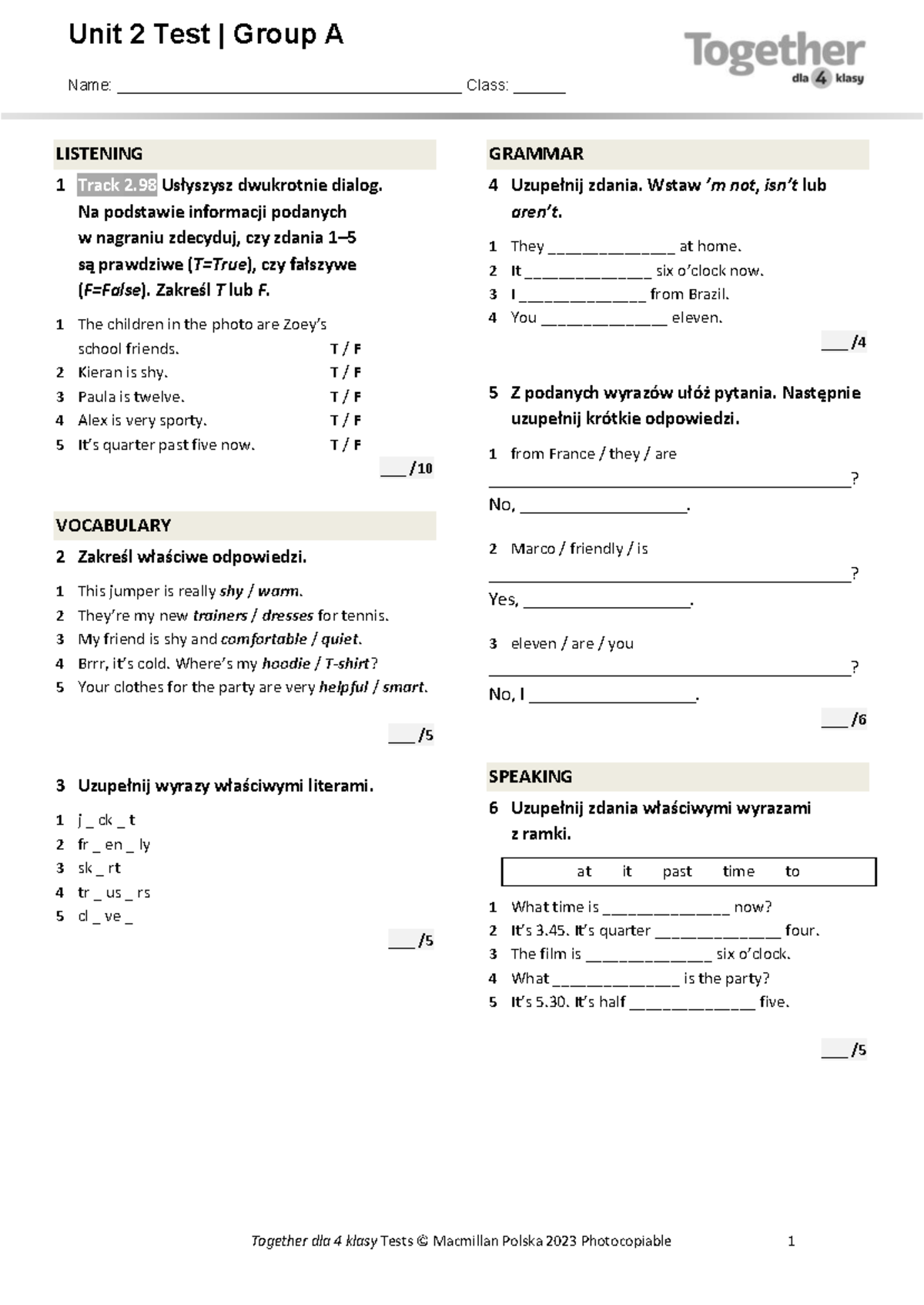 Unit 2 Test | Group A - Listening & Grammar Assessment - Studocu