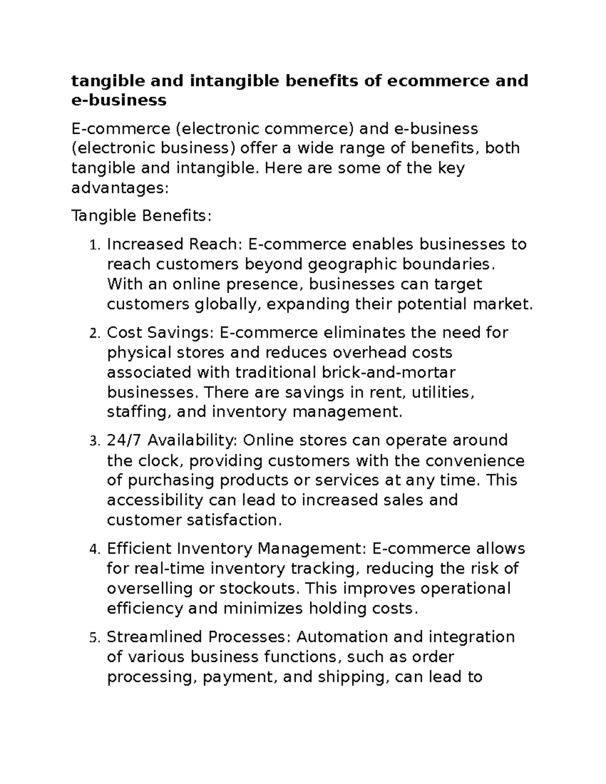 Ebusiness - Tangible and Intangible Benefits of E-commerce - Studocu