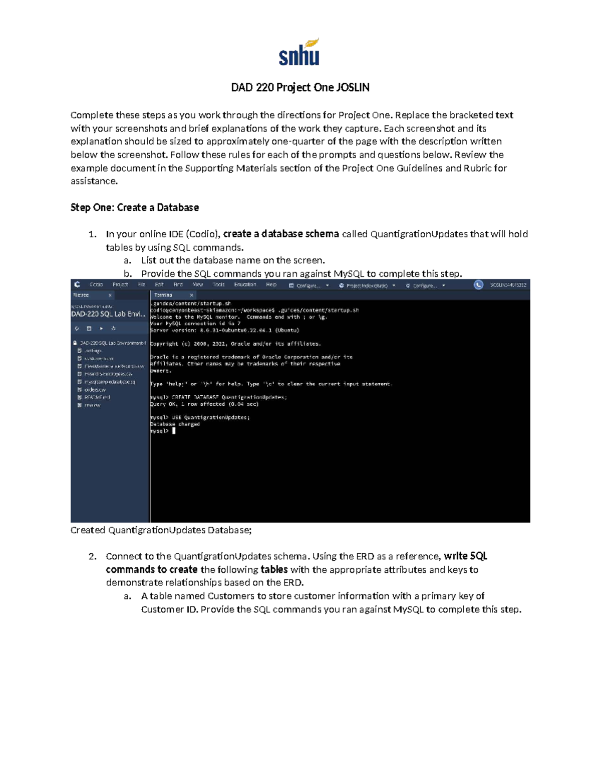 DAD 220 Project One guidelines and SQL commands for database creation ...