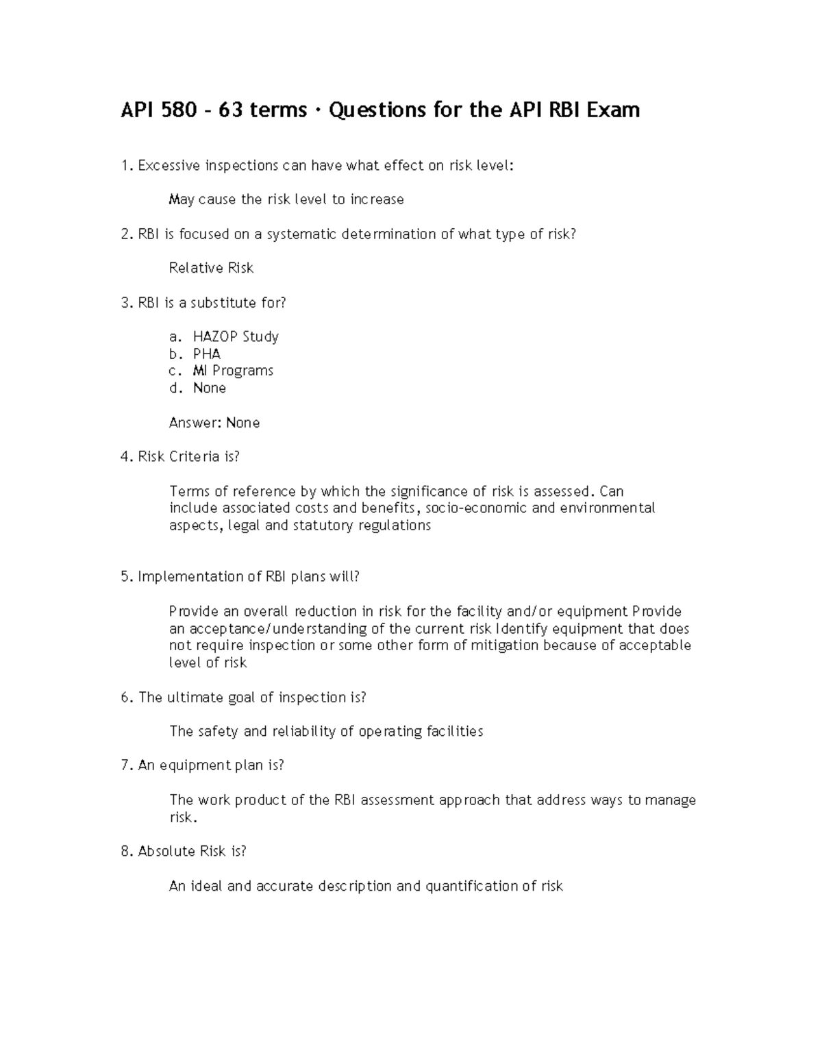 Api 580 40 Terms · Risk Based Inspection - API 580 - 40 terms · Risk ...