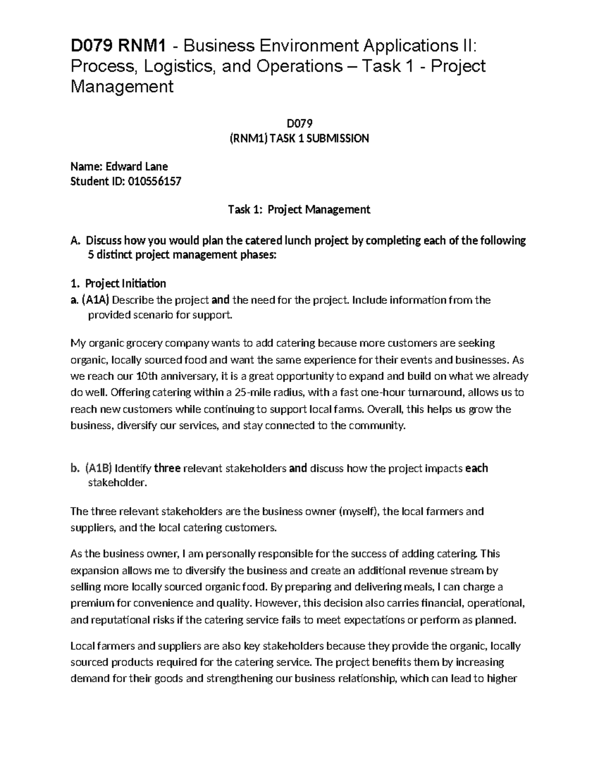 D079 RNM1 Business Environment Applications II: Project Management Task ...