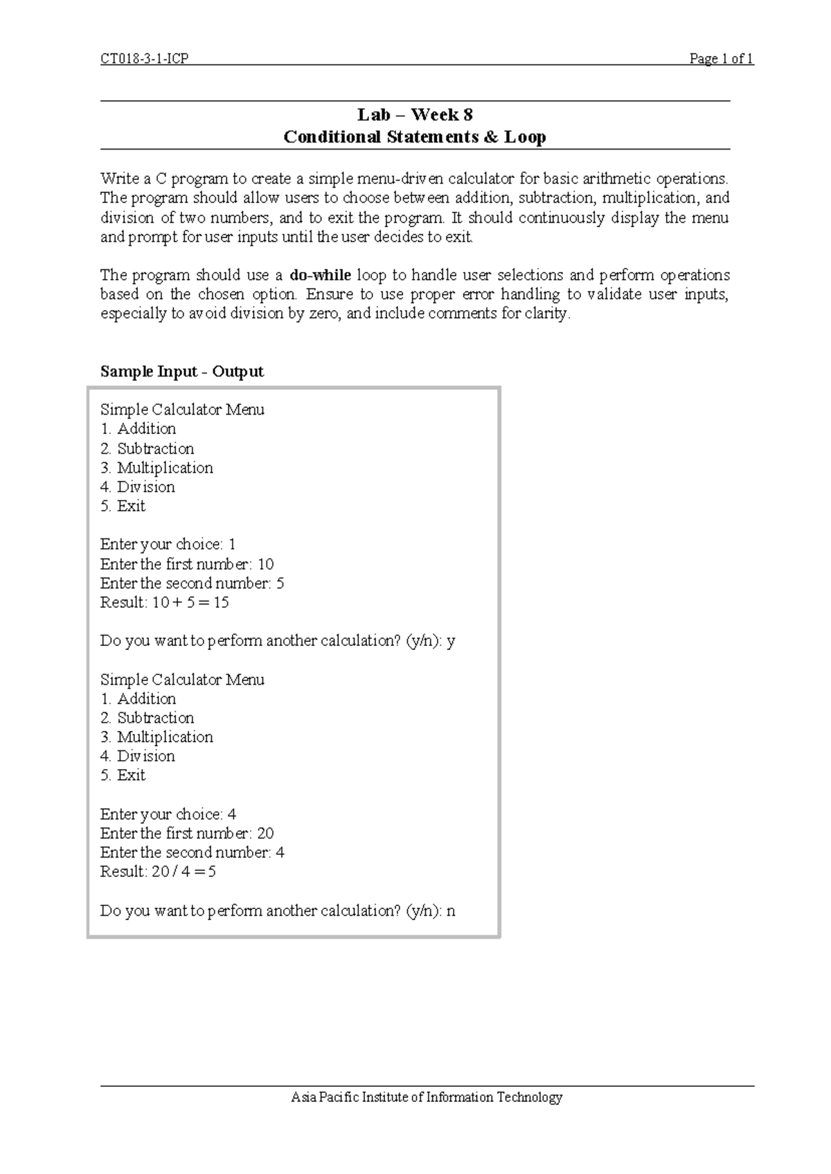 Lab Week 8 - C Program for Simple Calculator with Loops - Studocu