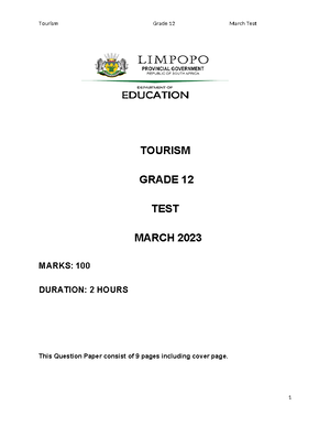 Tourism Grade 12 March 2024: Question Paper with Marks and Time Details ...