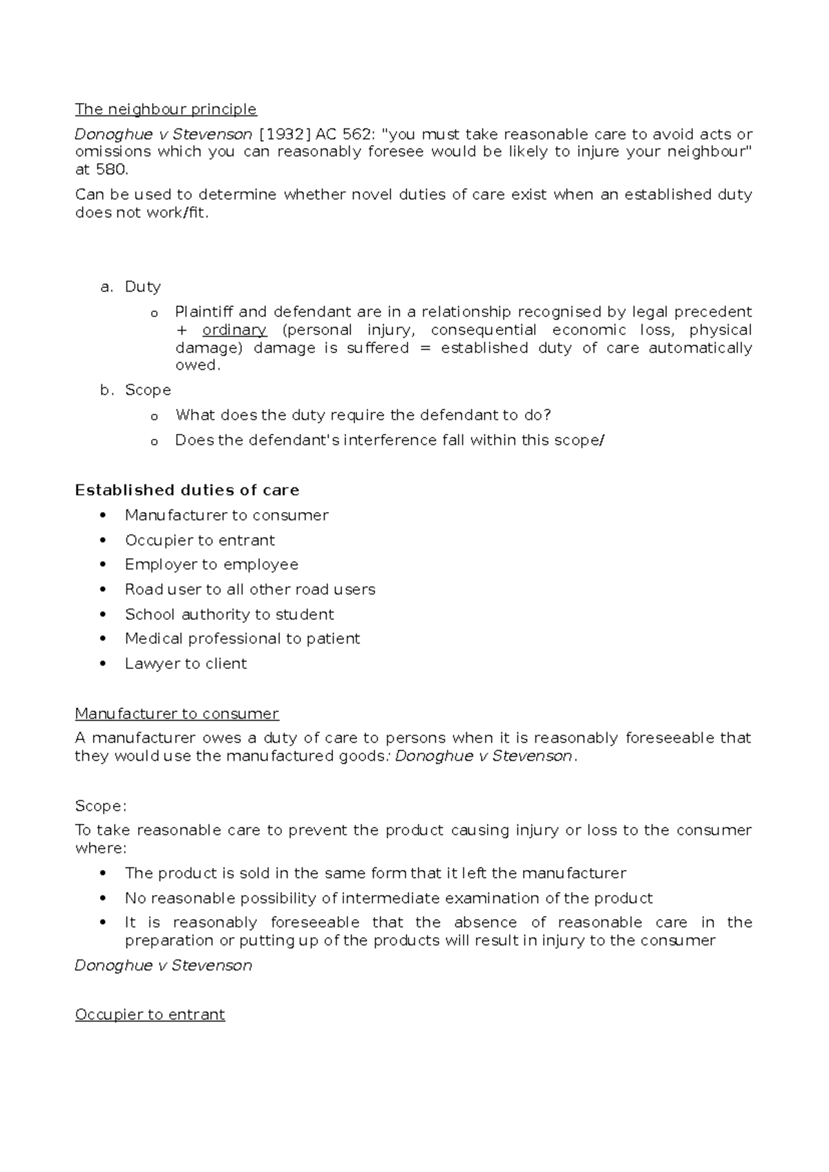 Donoghue v Stevenson AC 562: Exam Notes on Duty of Care Principles ...
