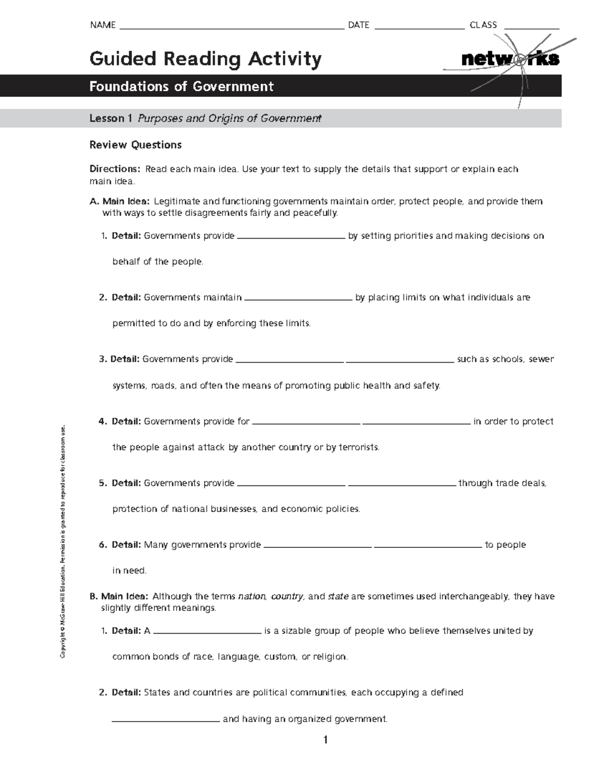 Lesson 1: Guided Reading Activity on Foundations of Government - Studocu