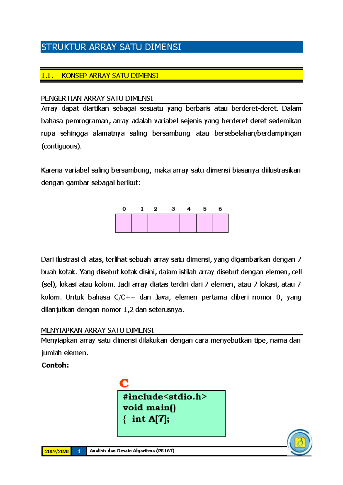 Analisis dan Desain Algoritma (PG167) - Pemahaman Array Satu Dimensi ...