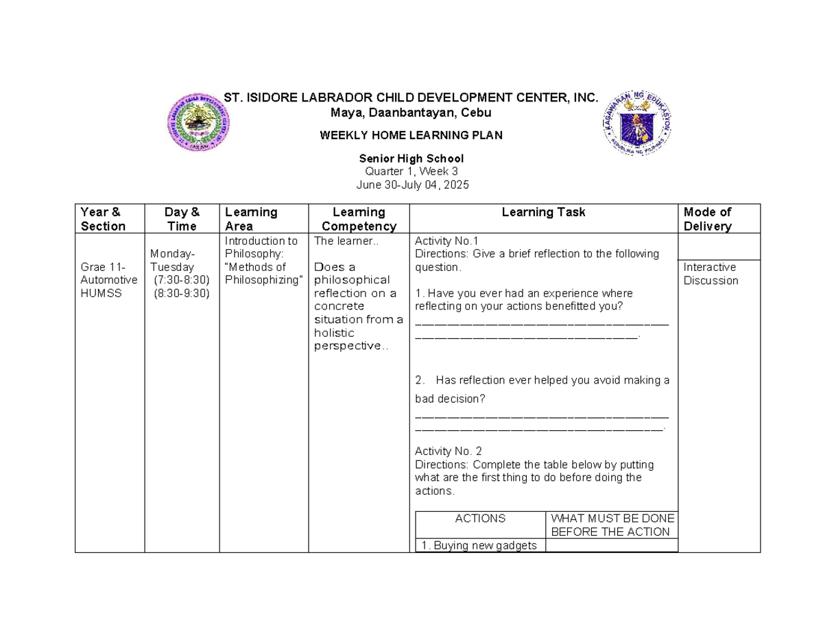 WHLP Q1 Week 3 2025-2026: Senior High School Learning Plan - Studocu