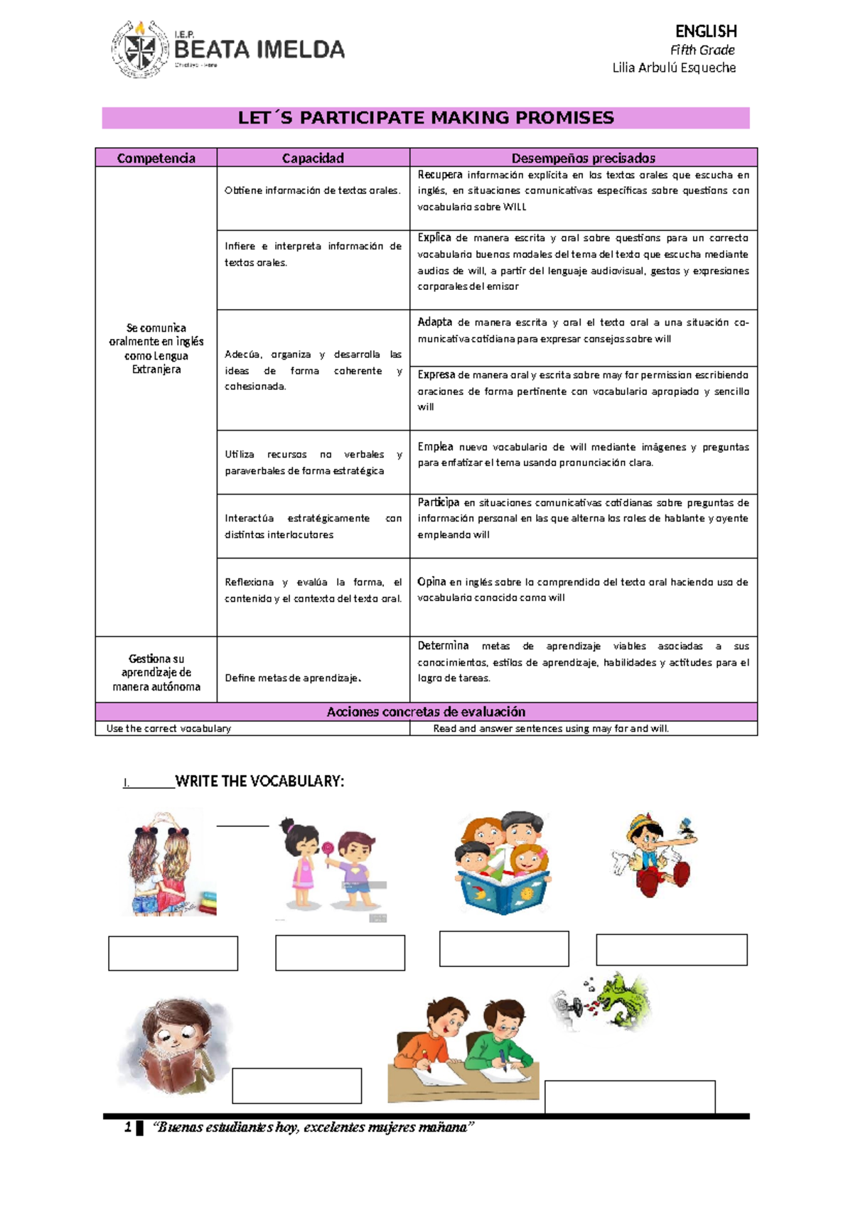 English 5th Grade: Making Promises - Future Tense Practice - Studocu