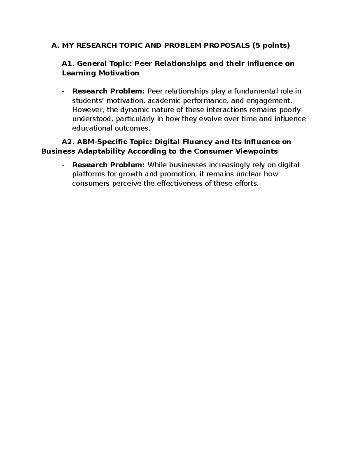 MY Research Topic AND Problem Proposals - A. MY RESEARCH TOPIC AND ...