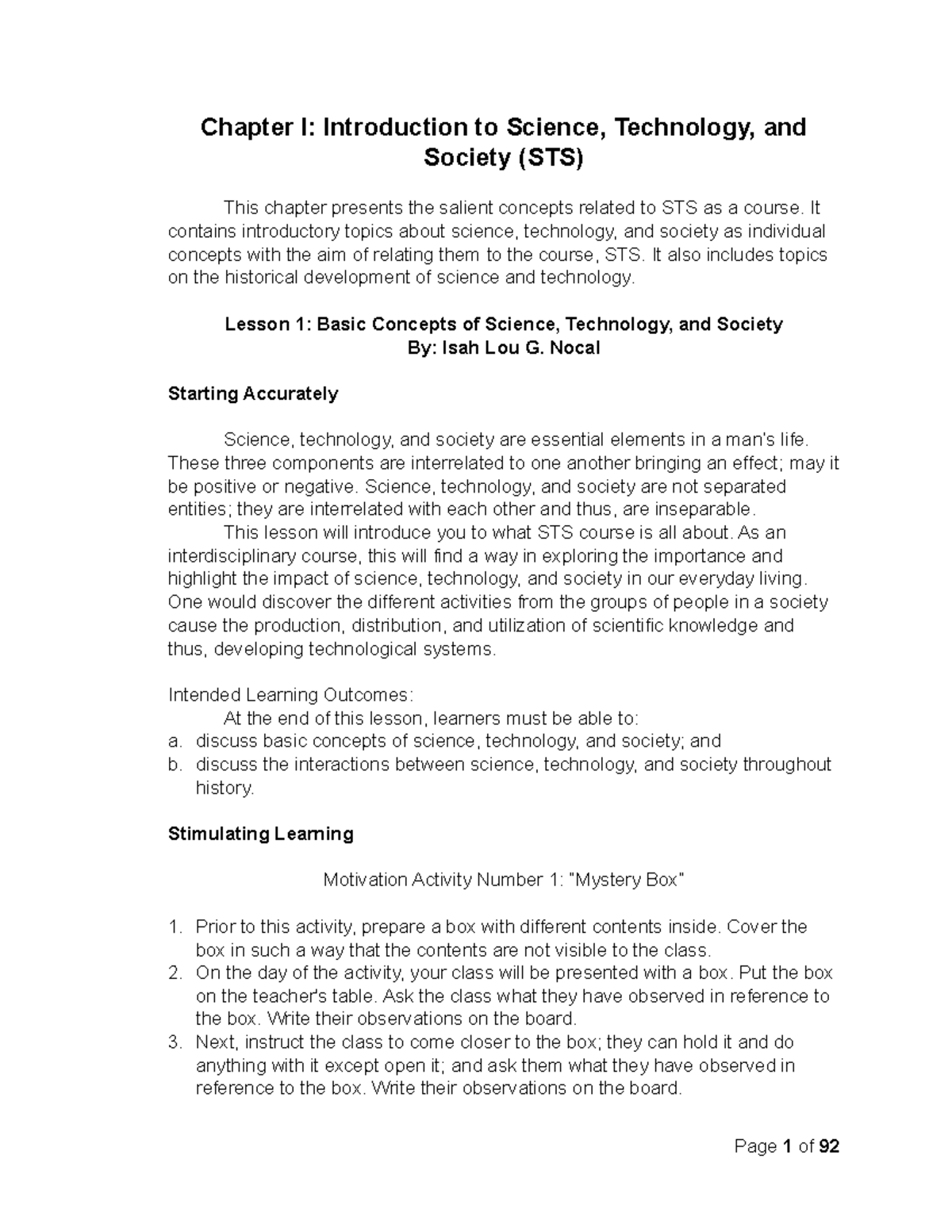Module STS 101: Intro to Science, Technology, and Society - Chapter 1 ...