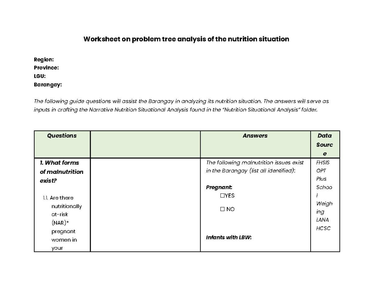 Worksheet on Nutrition Situation Assessment & Problem Tree Analysis ...