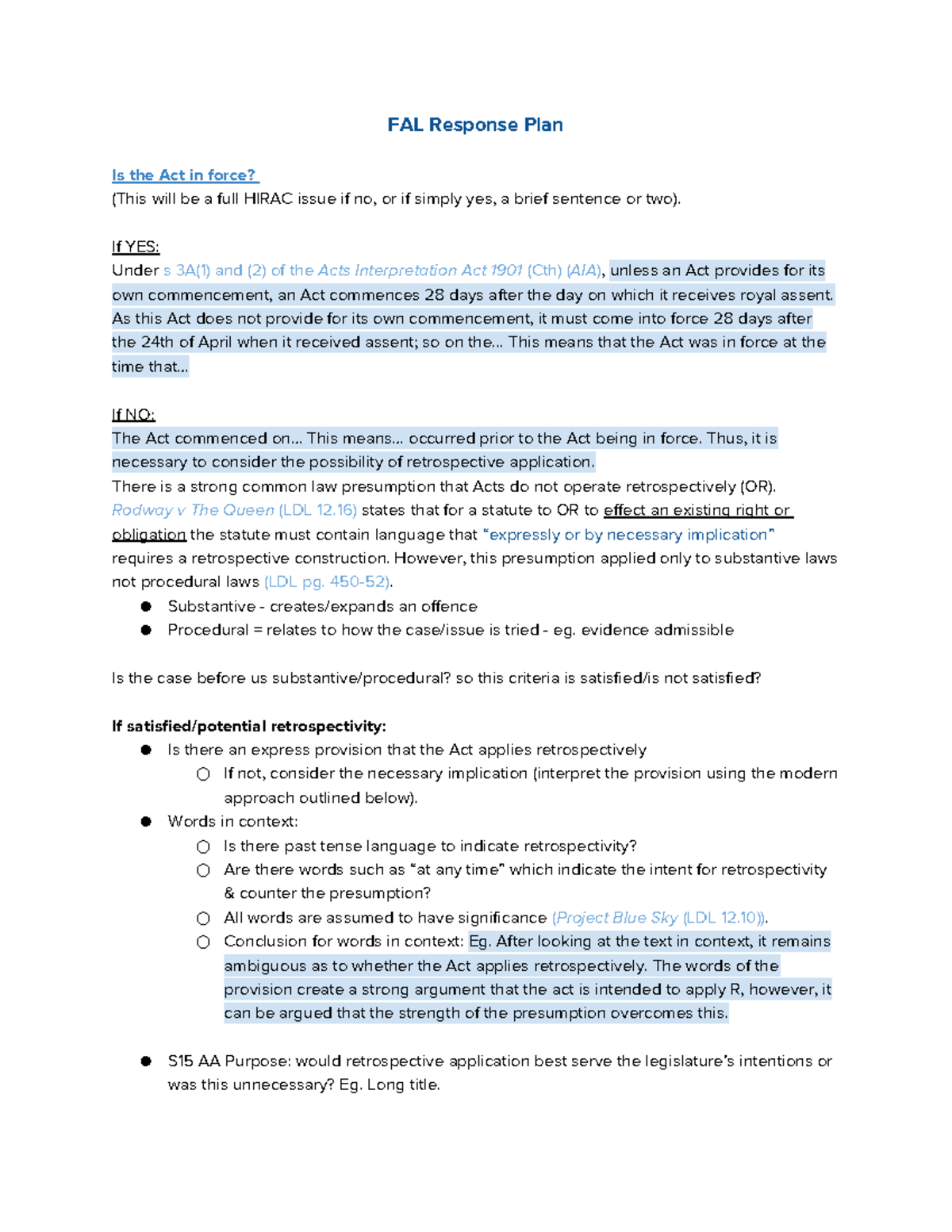 FAL Summary Plan: Analyzing the Act's Commencement and Retrospective ...
