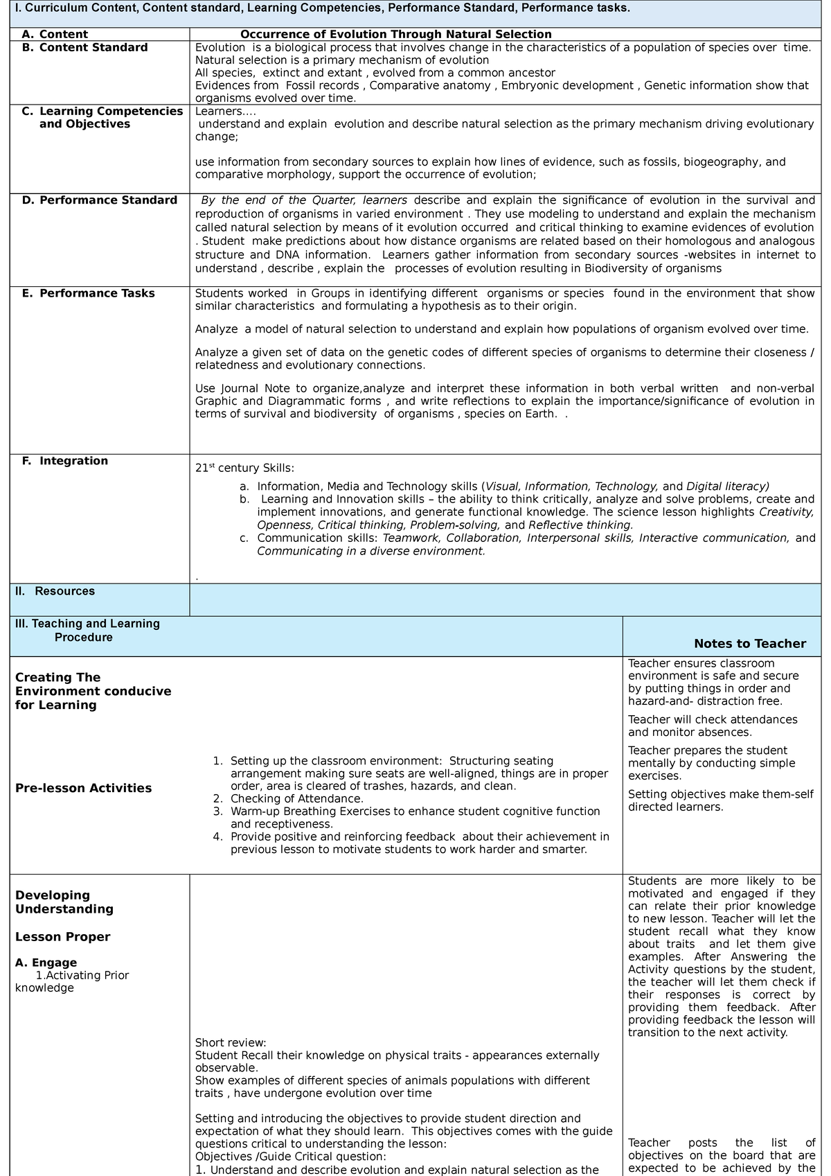 Lesson Plan: Evolution, Natural Selection & Biodiversity (BIO 101 ...
