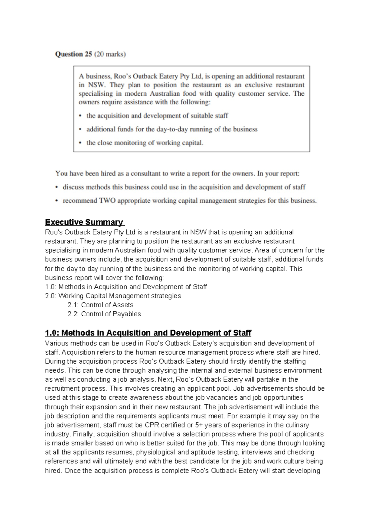 Roo's Outback Eatery - Business Report on Staff Development & Capital ...