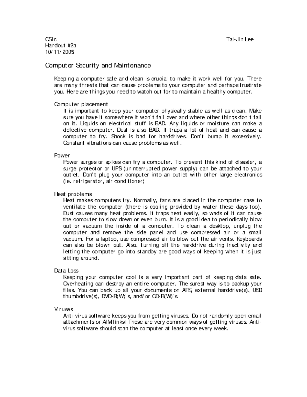 CS1c Computer Security & Maintenance Guidelines - Handout #2a - Studocu