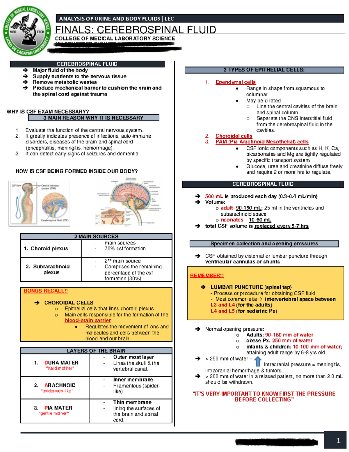 CEREBROSPINAL FLUID ANALYSIS LEC FINALS: COLLEGE OF MEDICAL LAB SCIENCE ...
