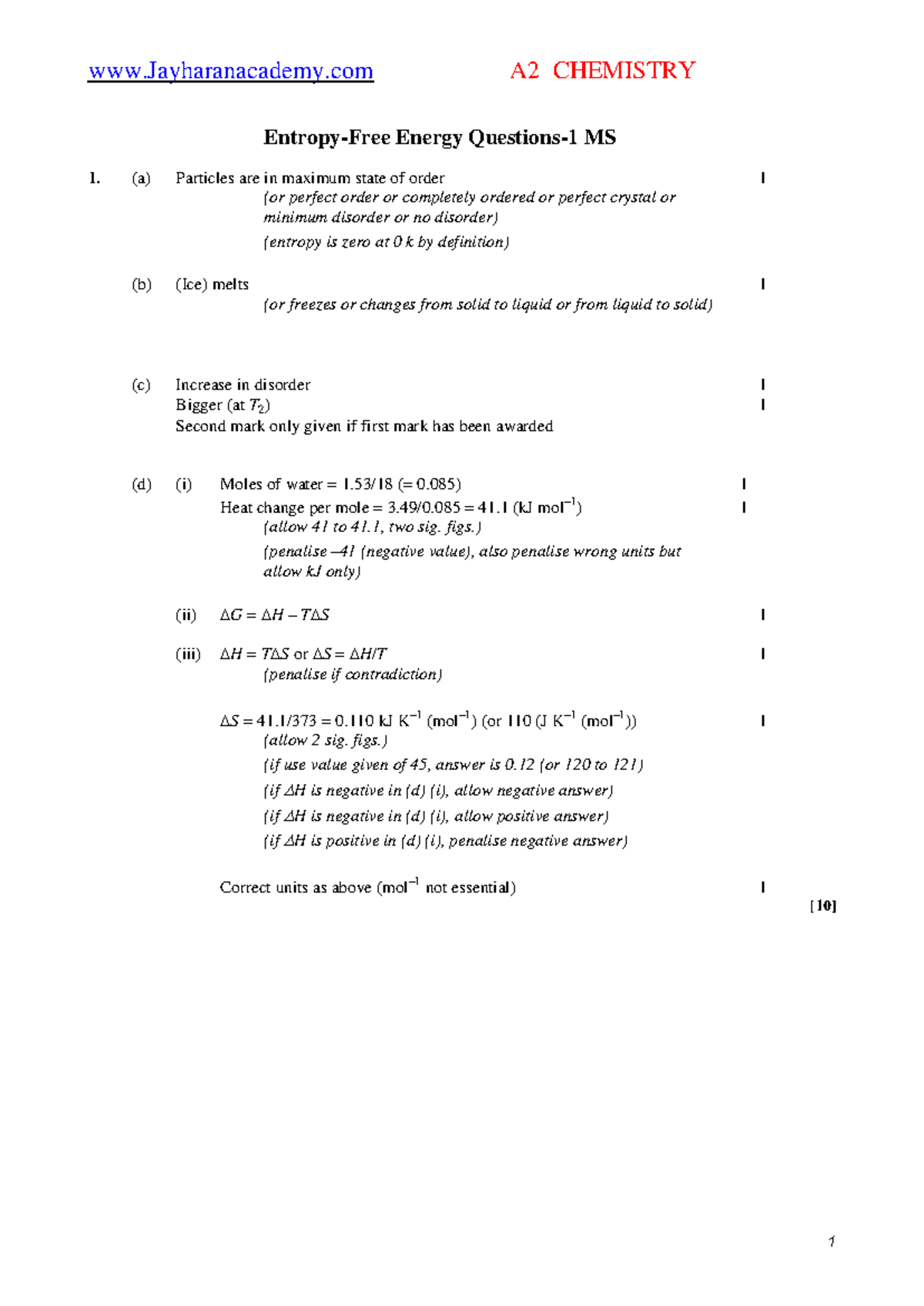 Entropy-1 MS: Mark Scheme for Entropy Free Energy Questions - Studocu