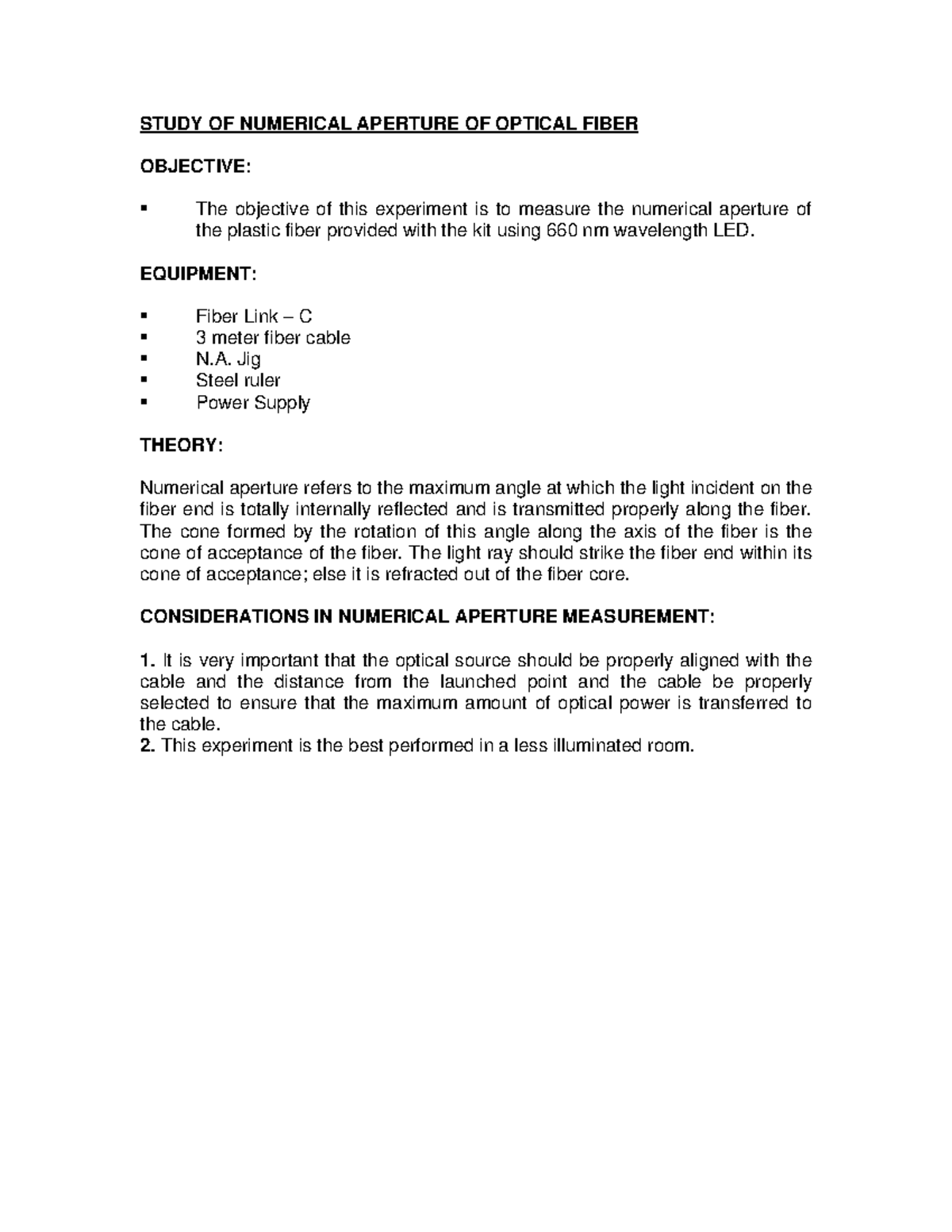 Numerical Aperture of Optical Fiber - STUDY OF NUMERICAL APERTURE OF ...