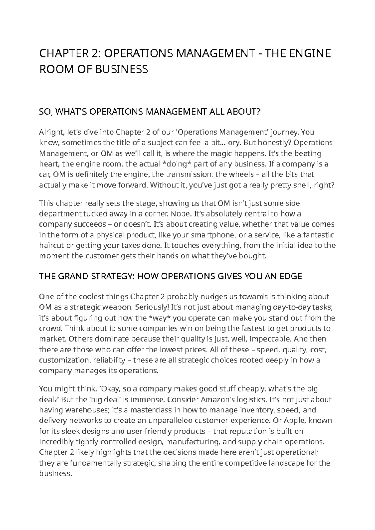 Operations Mgmt (OM) Ch 2: The Heart of Business Success - Studocu