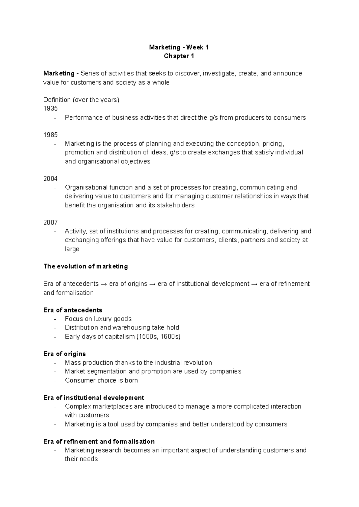 MKT 101 Week 1 - Chapter 1 Marketing Concepts and Evolution Notes - Studocu