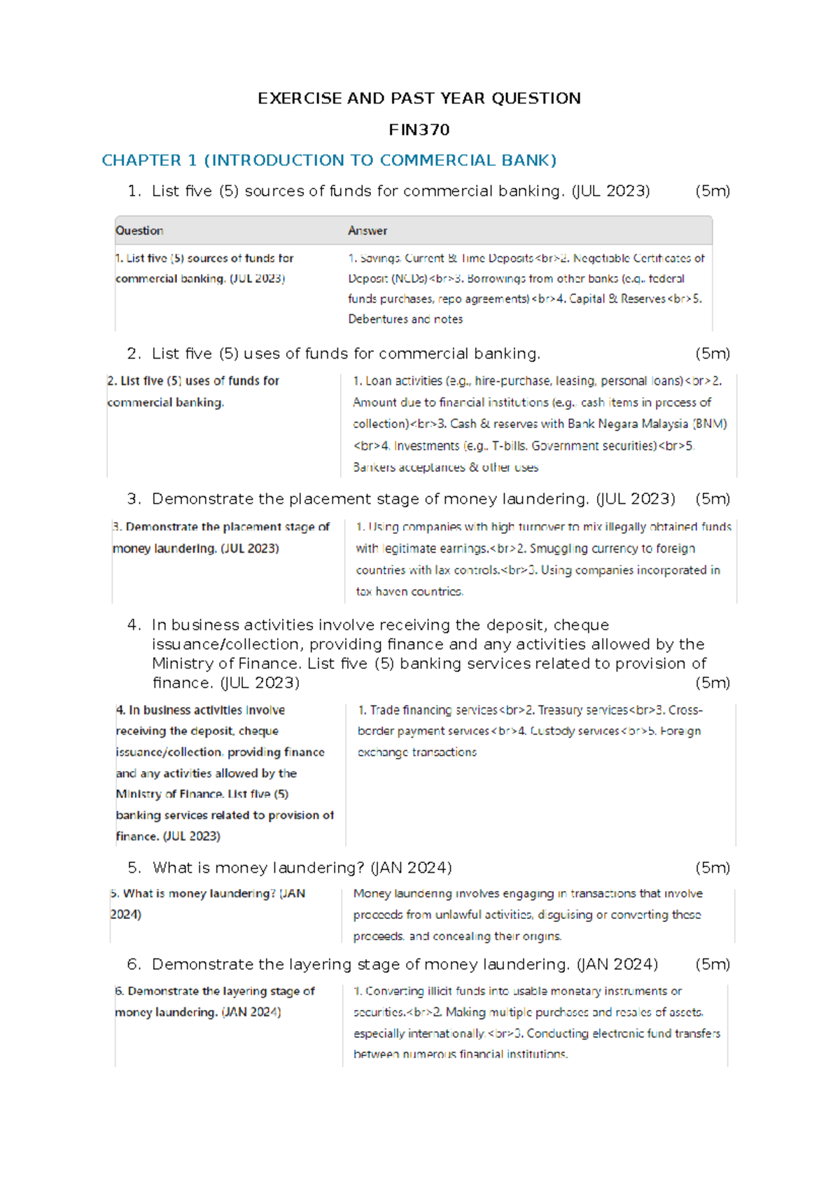 Exercise AND Answer FIN - EXERCISE AND PAST YEAR QUESTION FIN CHAPTER 1 ...