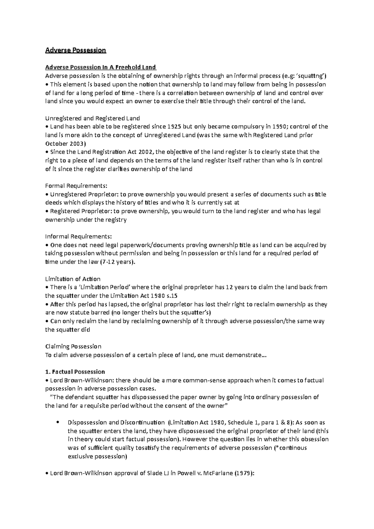 Land Law - Adverse Possession: Key Concepts and Case Reviews - Studocu