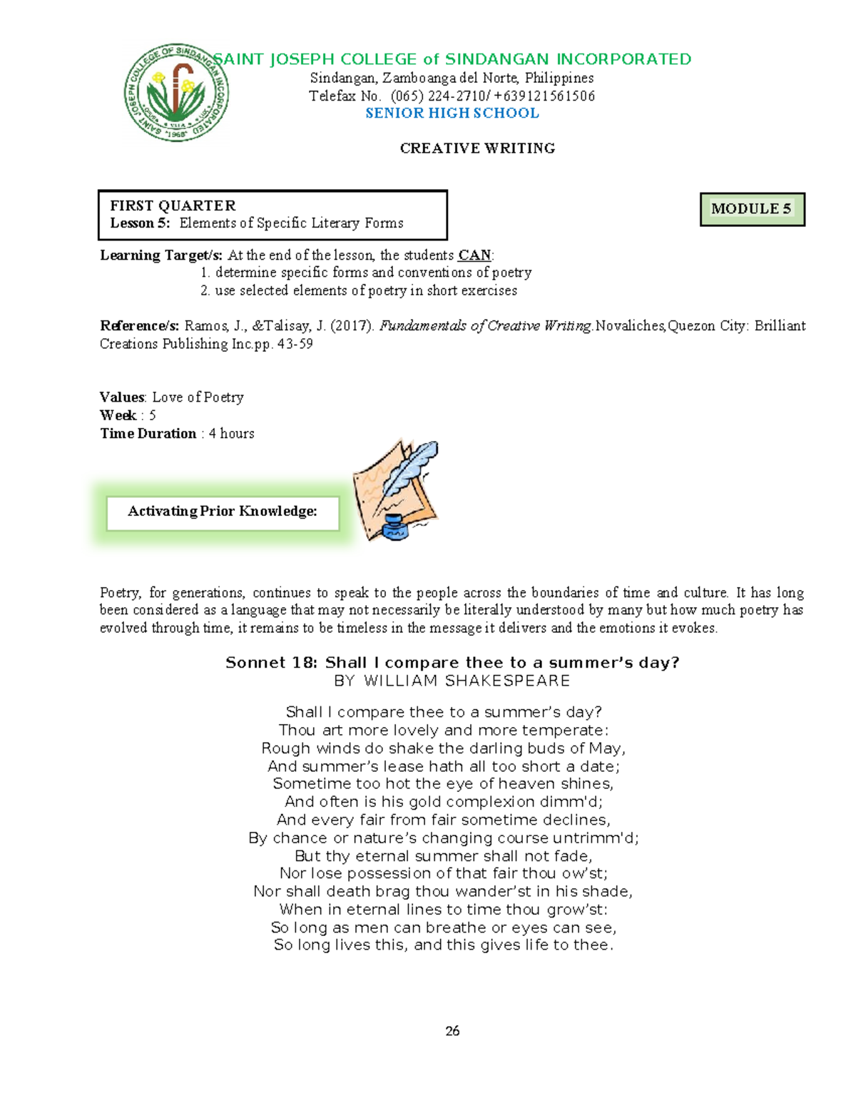 SAINT JOSEPH COLLEGE SHS Creative Writing Module 5: Elements of Poetry ...