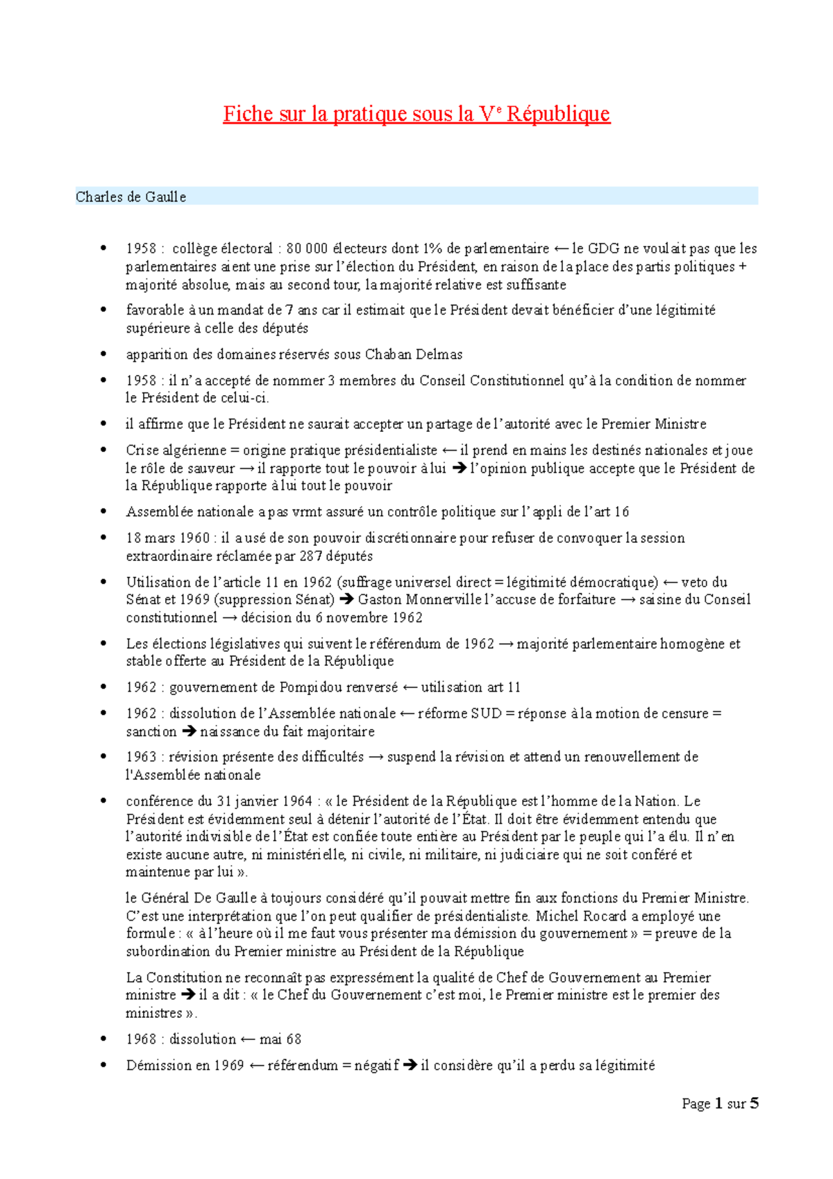 Pratique sous la Ve République - Fiche sur la pratique sous la Ve ...