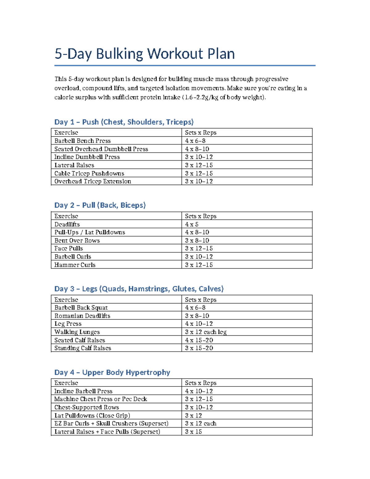 5-Day Bulking Workout Plan for Muscle Mass Gain - Studocu