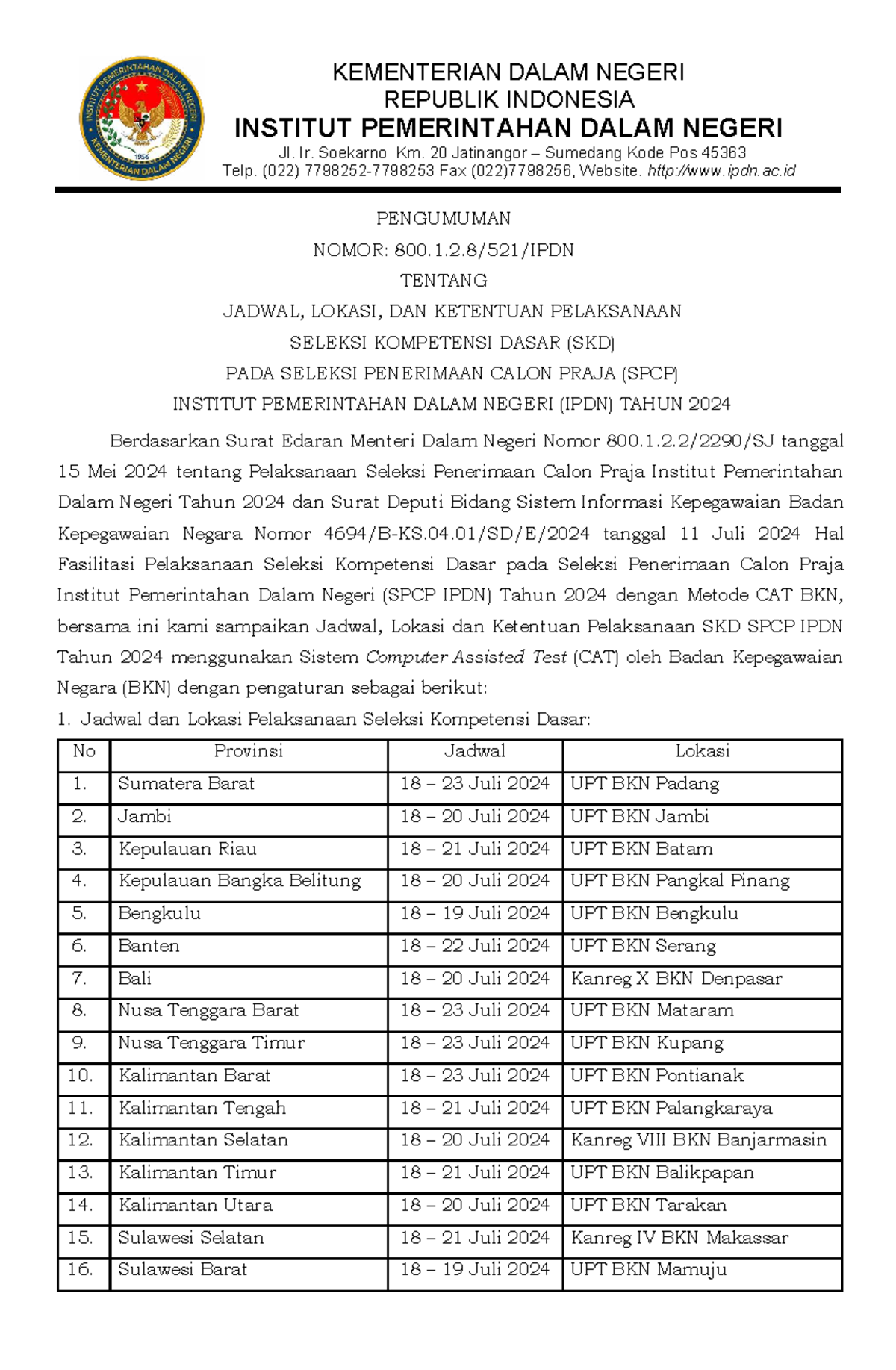 Pengumuman Jadwal dan Ketentuan SKD SPCP IPDN 2024 - Studocu