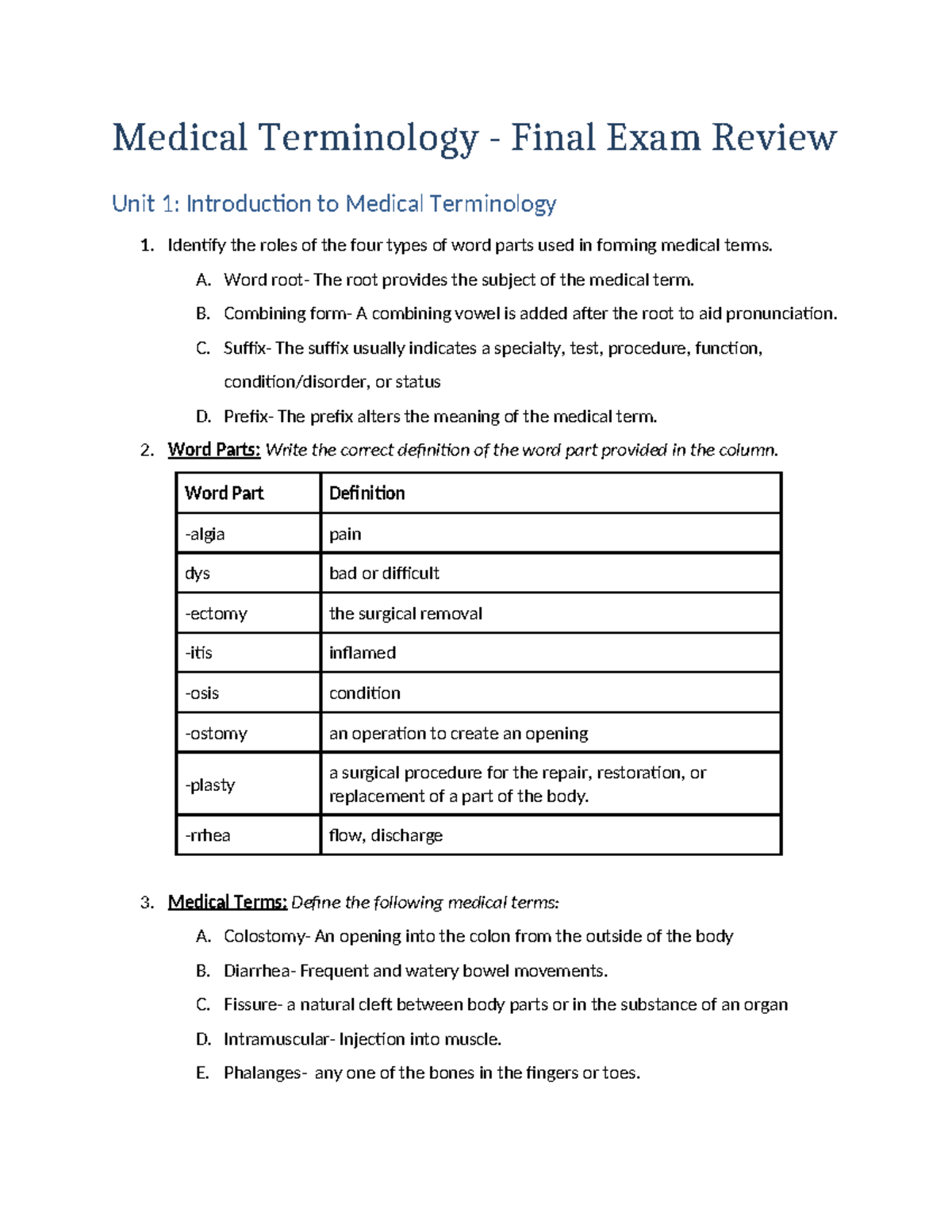 MT - Final Exam Study Guide - Medical Terminology - Final Exam Review ...