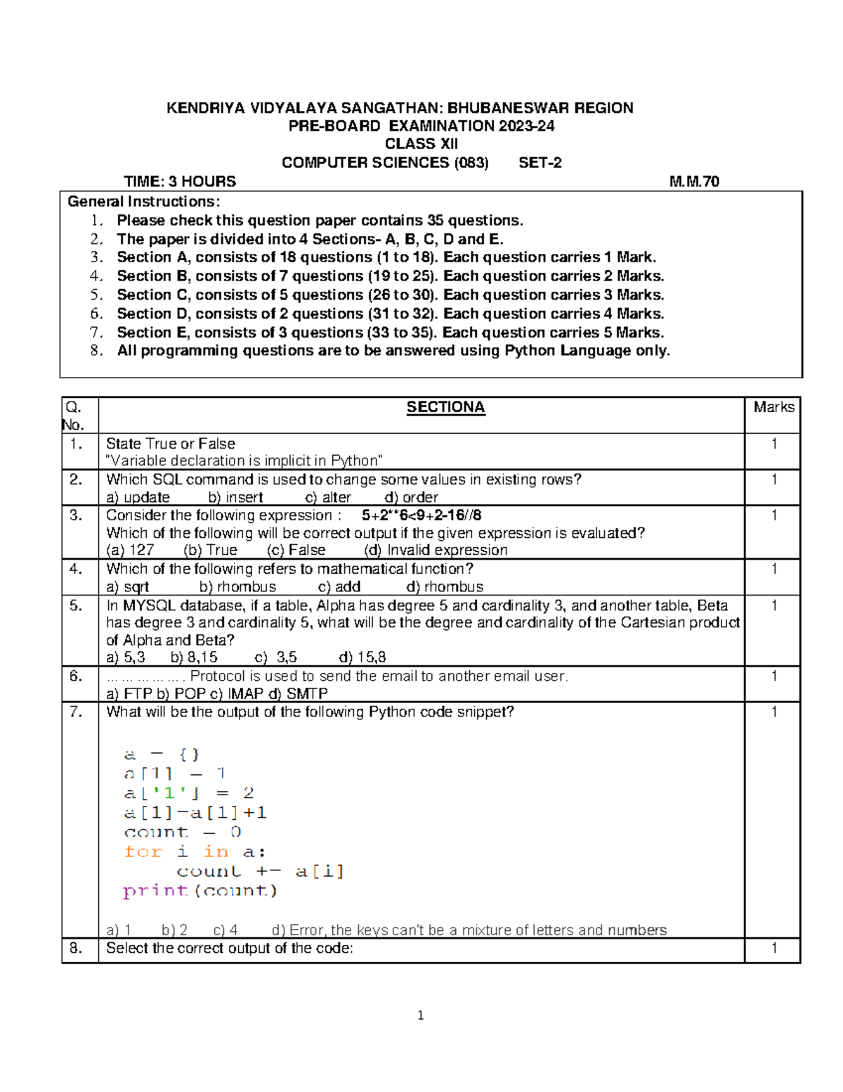 QP XII CS Pre-Board Exam 2023-24 - Computer Science Set-2 - Studocu