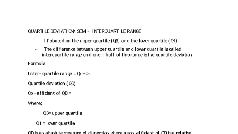 Quartile Deviation (QD) Analysis - Revision Notes for Stats 101 - Studocu