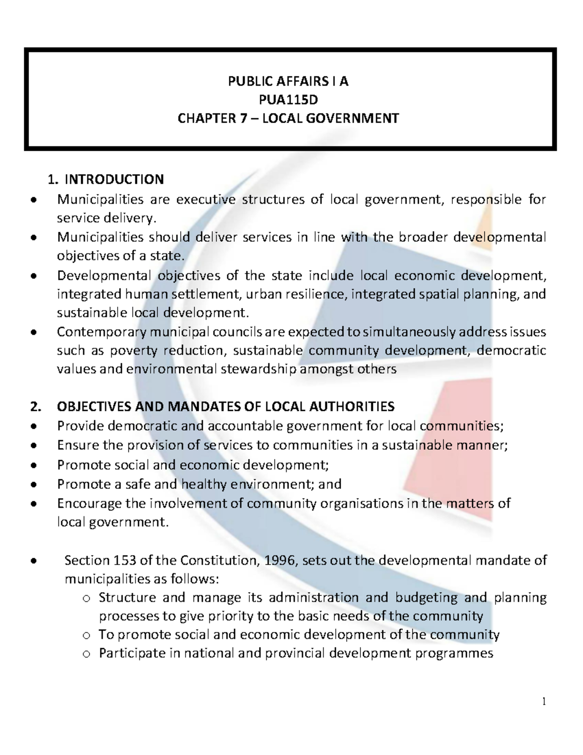 PUBLIC AFFAIRS I A PUA115D CHAPTER 7 LOCAL GOVERNMENT OVERVIEW AND ...