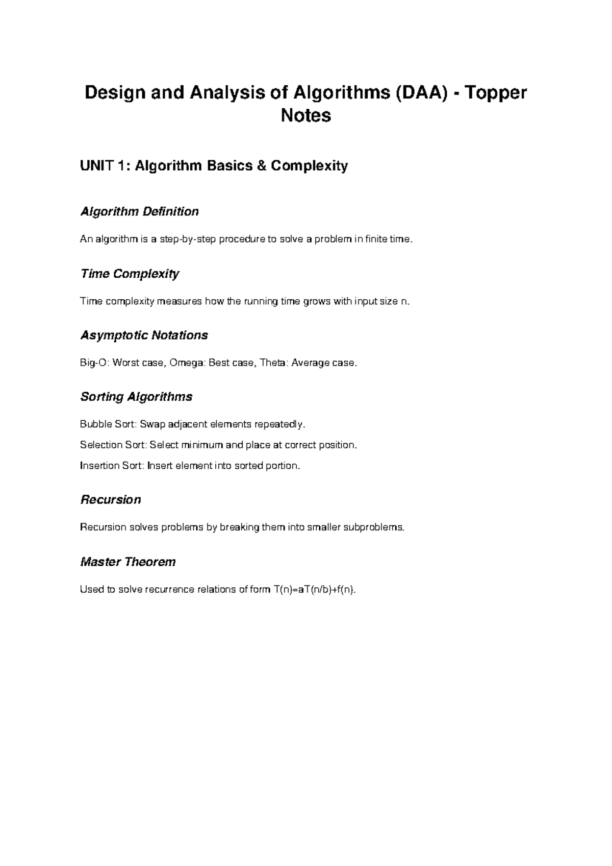 DAA Topper Notes: Design & Analysis of Algorithms Overview - Studocu