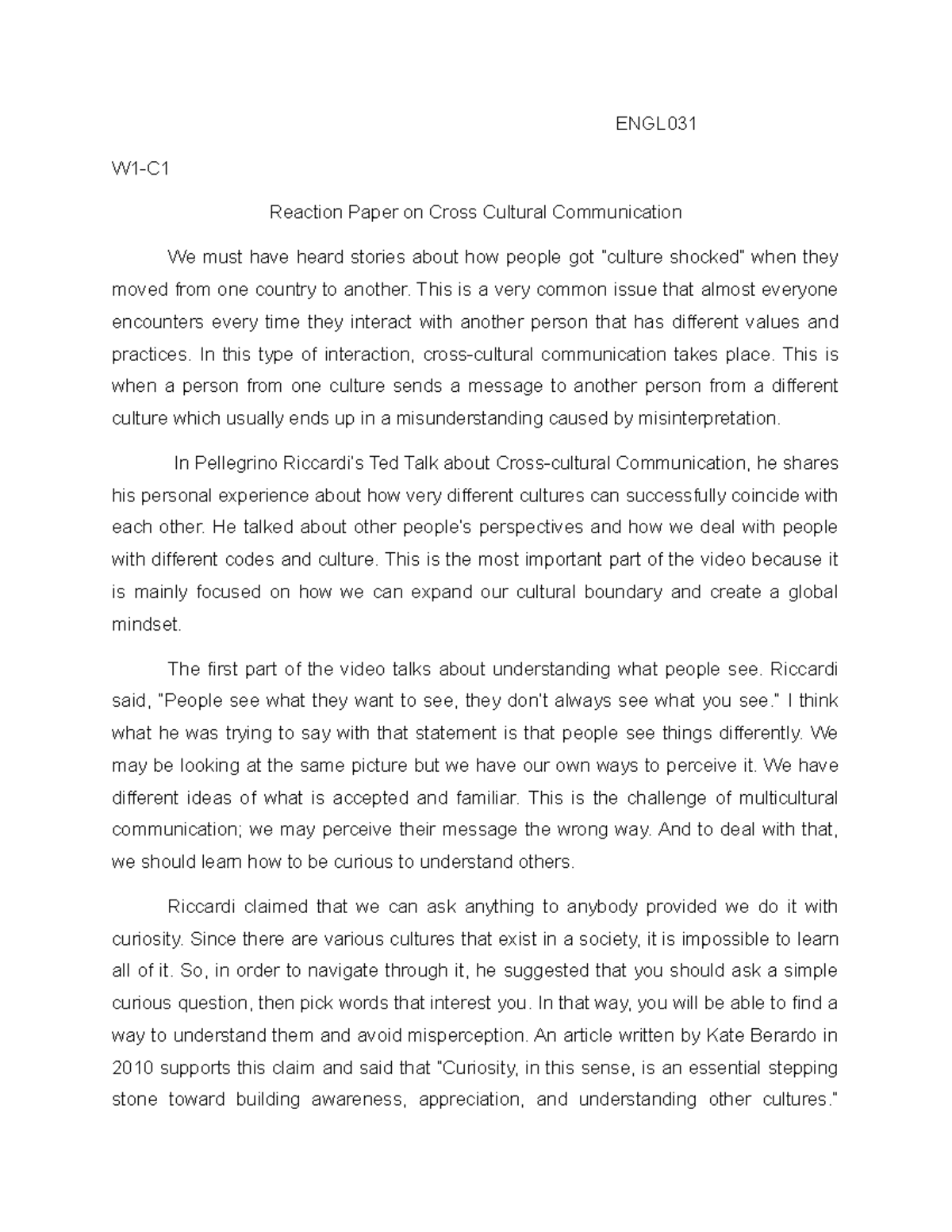 ENGL W1-C: Reaction Paper on Cross-Cultural Communication Insights ...