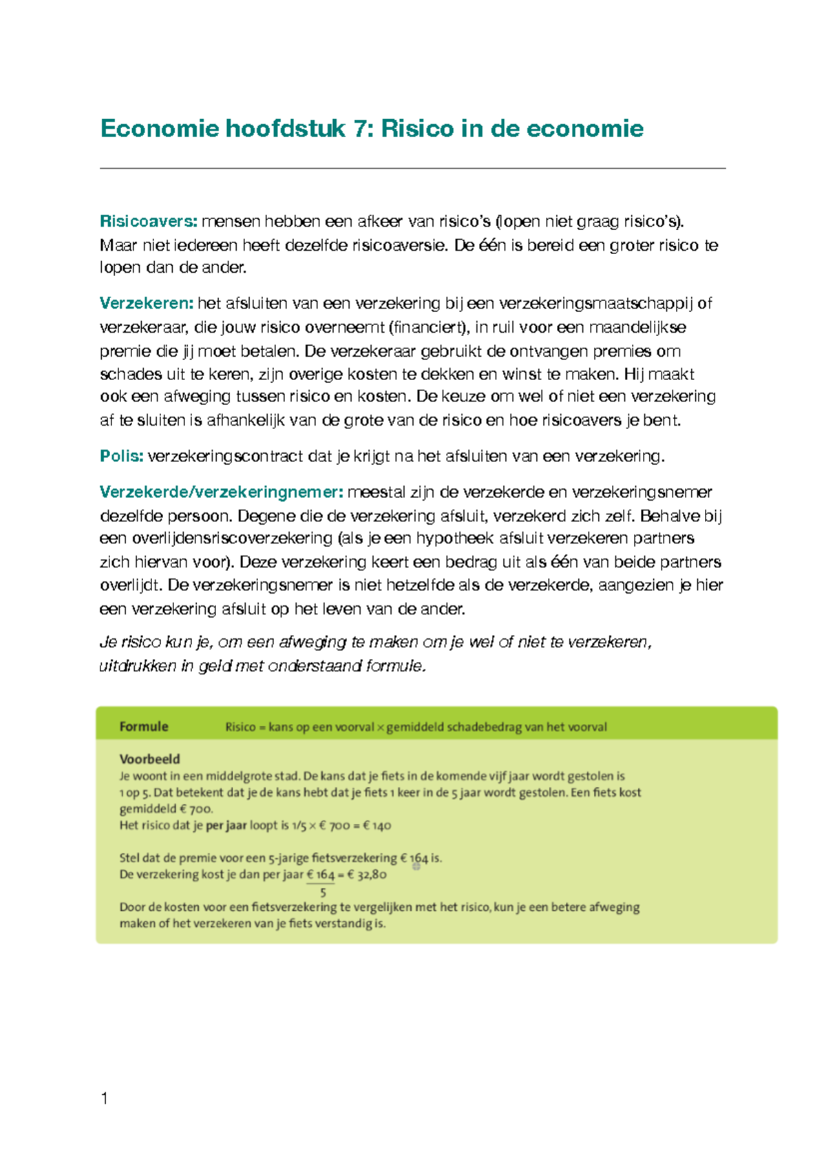Economie Hoofdstuk 7: Risico’s en Verzekeringen Uitgelegd - Studeersnel