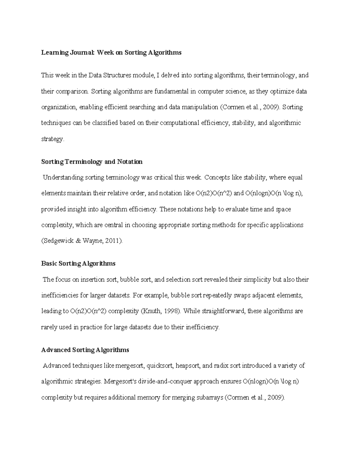 Learning journal - Sorting algorithms are fundamental in computer ...