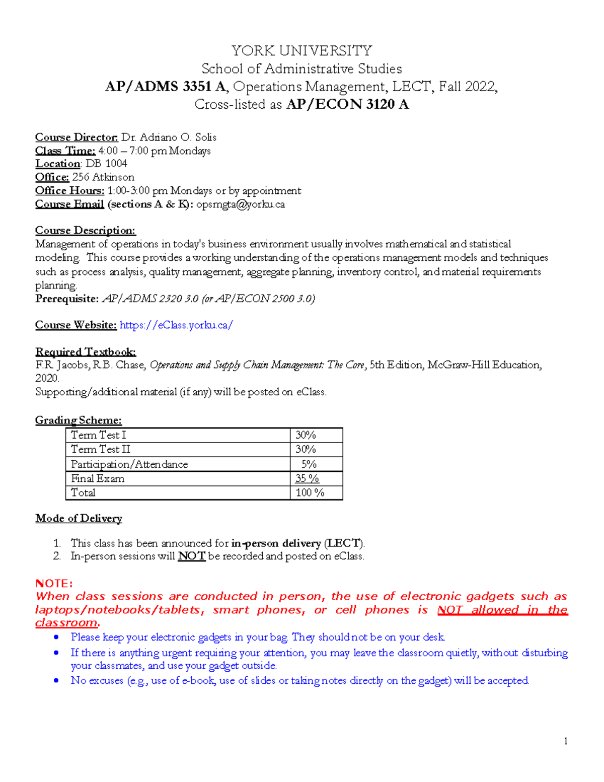 ADMS 3351 A Operations Management Course Outline - Fall 2022 - Studocu