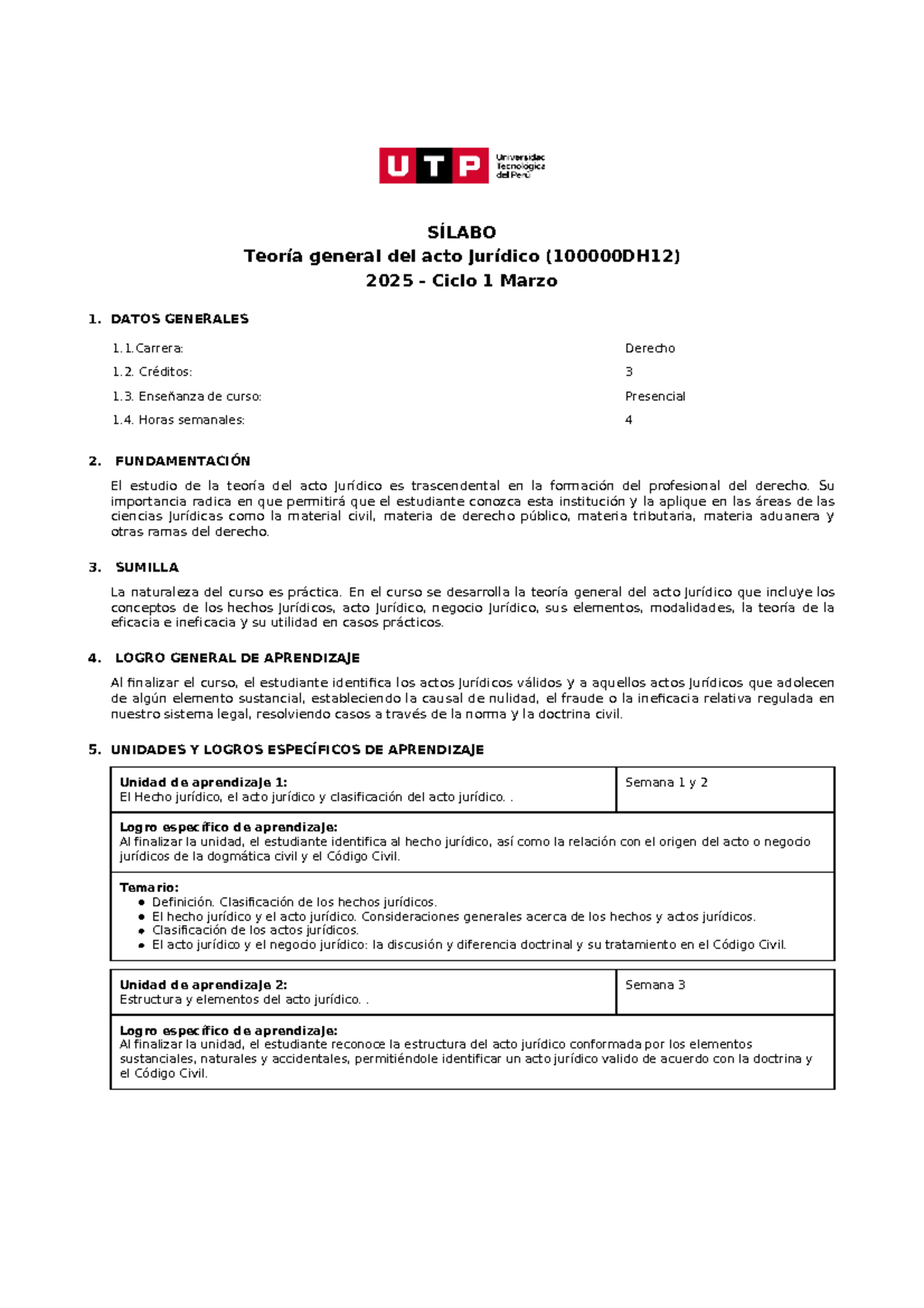 SÍLABO Teoría General del Acto Jurídico - Derecho 2025 Ciclo 1 - Document Preview