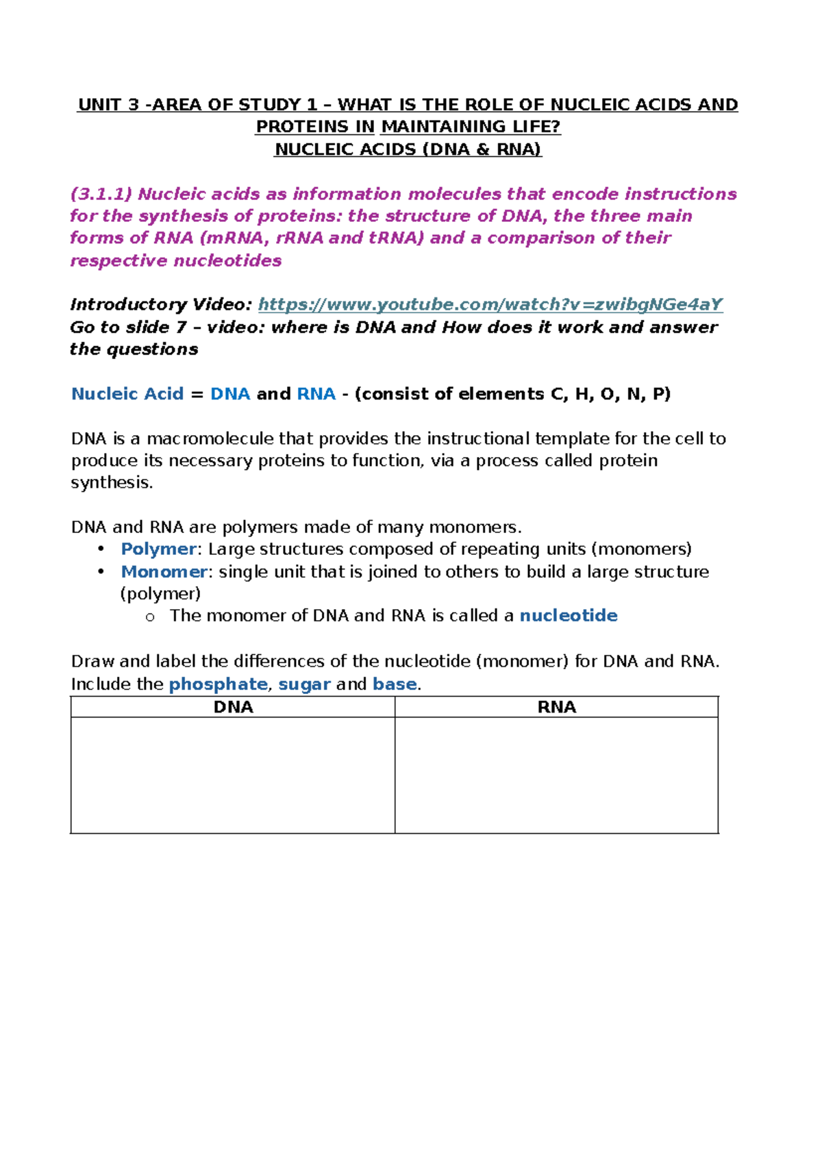 Ao S 1 Notes - The Role of Nucleic Acids & Proteins in Life - Studocu